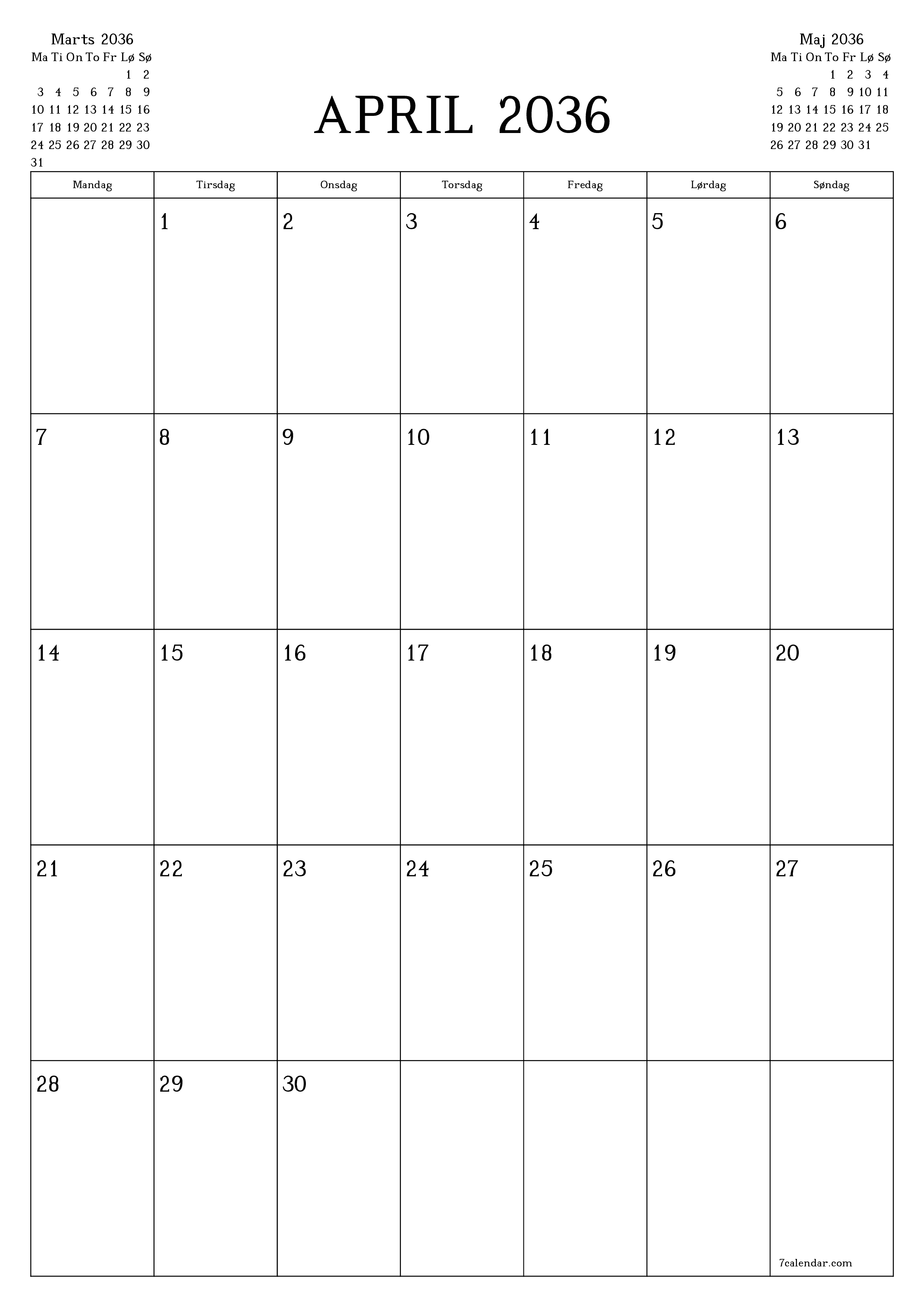 udskrivbar væg skabelon gratis lodret Månedlig planlægger kalender April (Apr) 2036