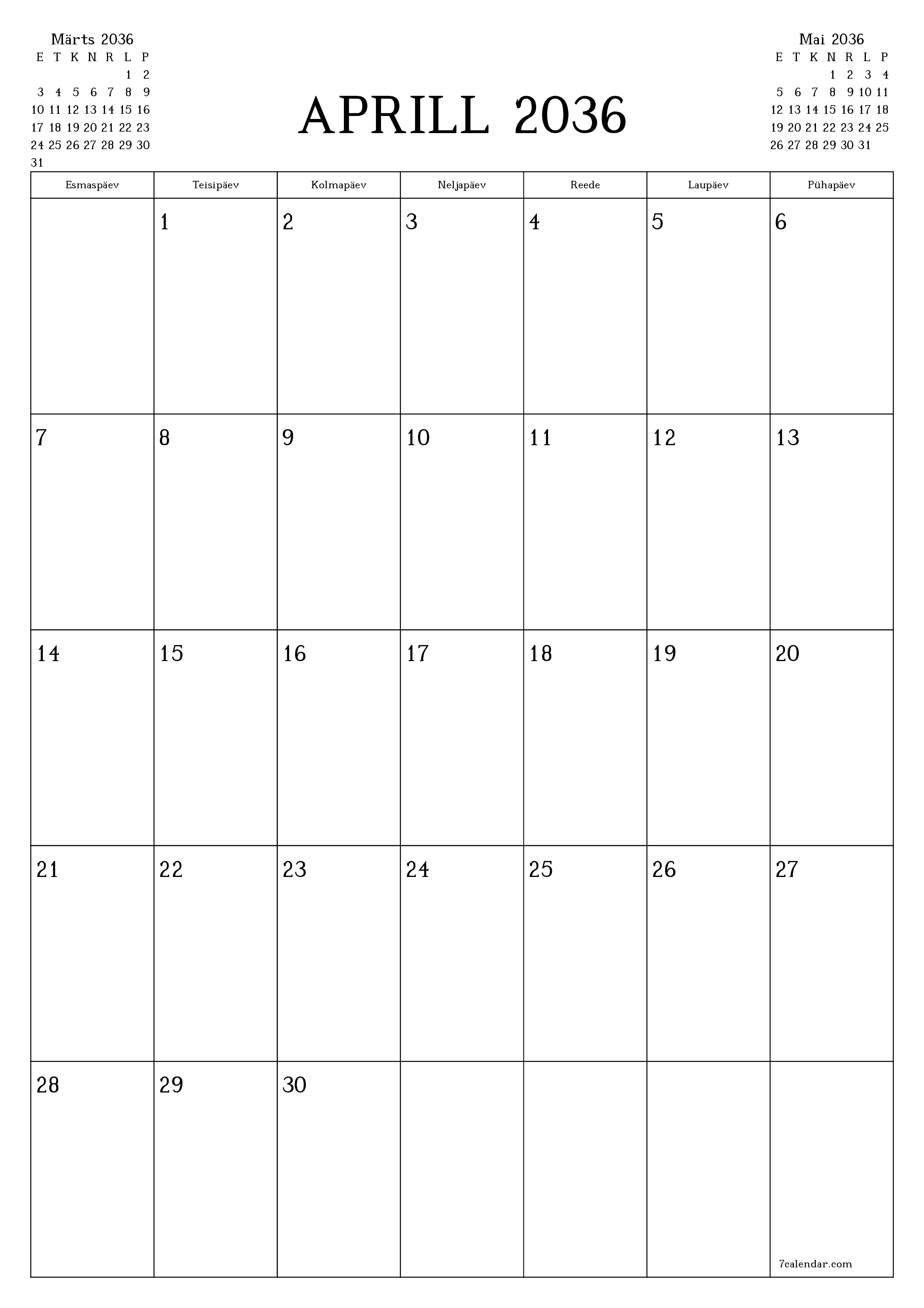 prinditav seina kalendri mall tasuta vertikaalne Igakuine planeerija kalender Aprill (Apr) 2036