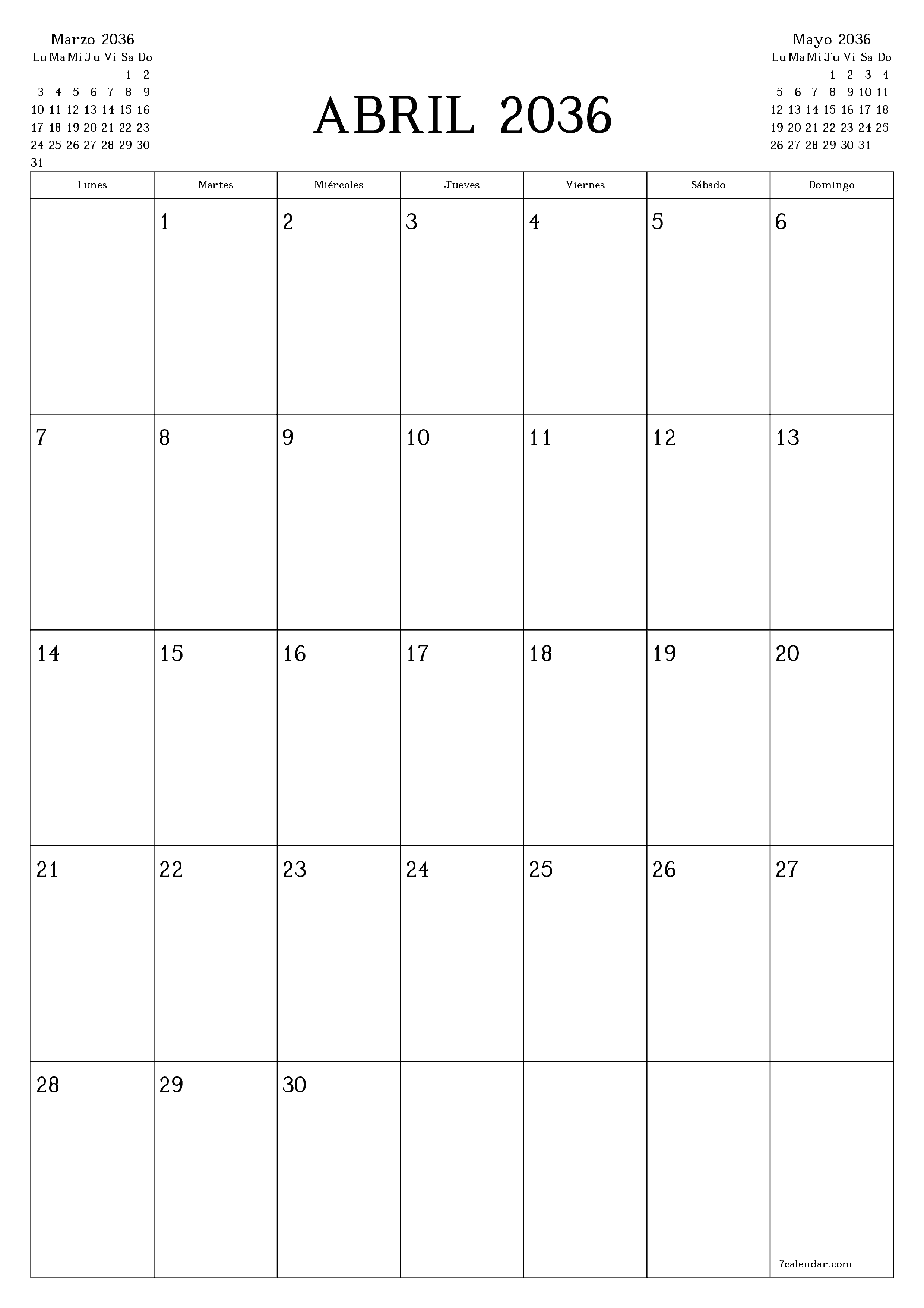  imprimible de pared plantilla de gratisvertical Mensual planificador calendario Abril (Abr) 2036