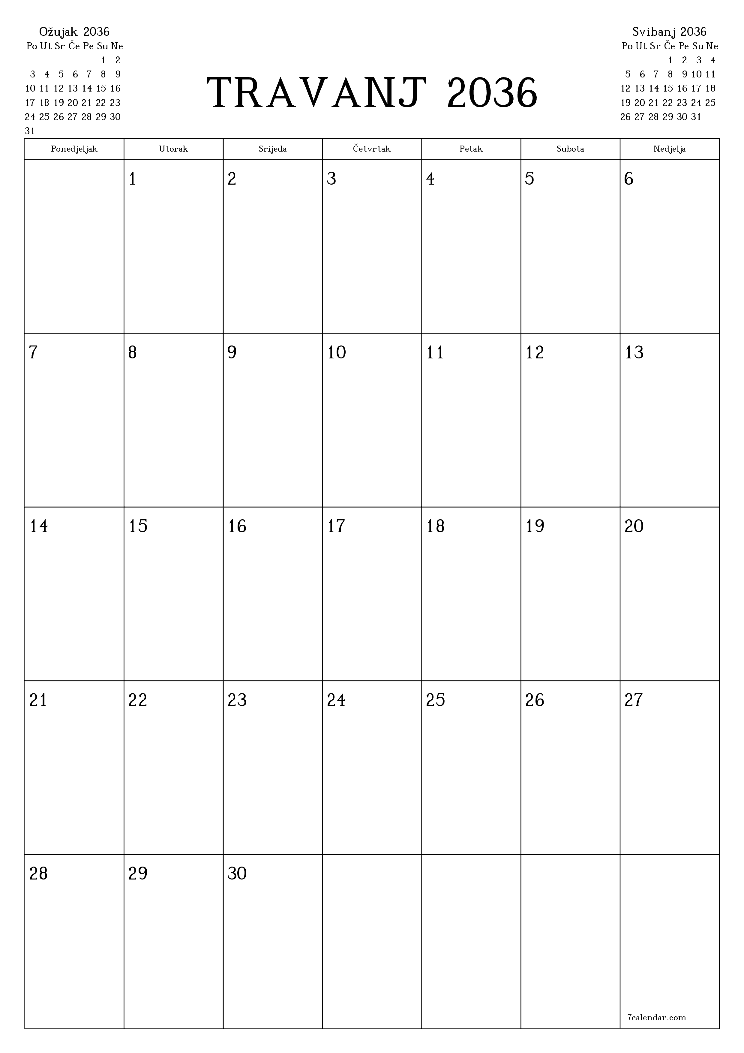  za ispis zidni predložak a besplatni okomito Mjesečni planer kalendar Travanj (Tra) 2036