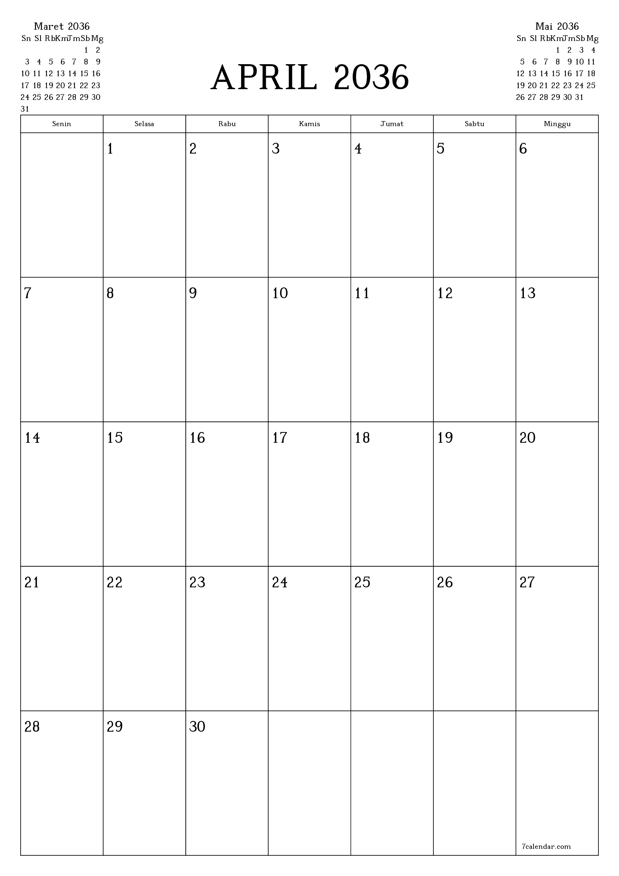  yang dapat dicetak dinding templat gratisvertikal Bulanan perencana kalender April (Apr) 2036