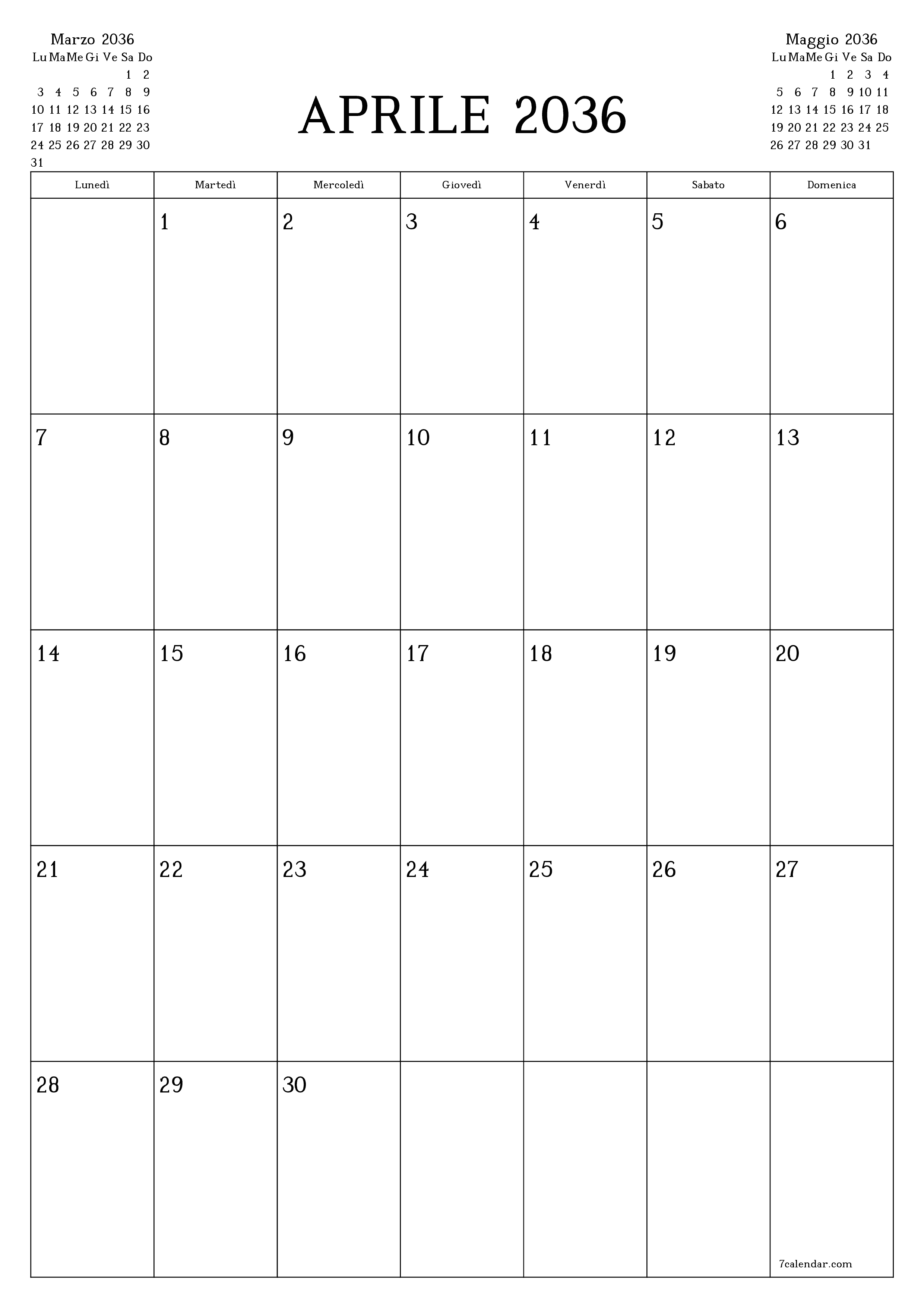  stampabile da parete modello di gratuitoverticale Mensile pianificatore calendario Aprile (Apr) 2036