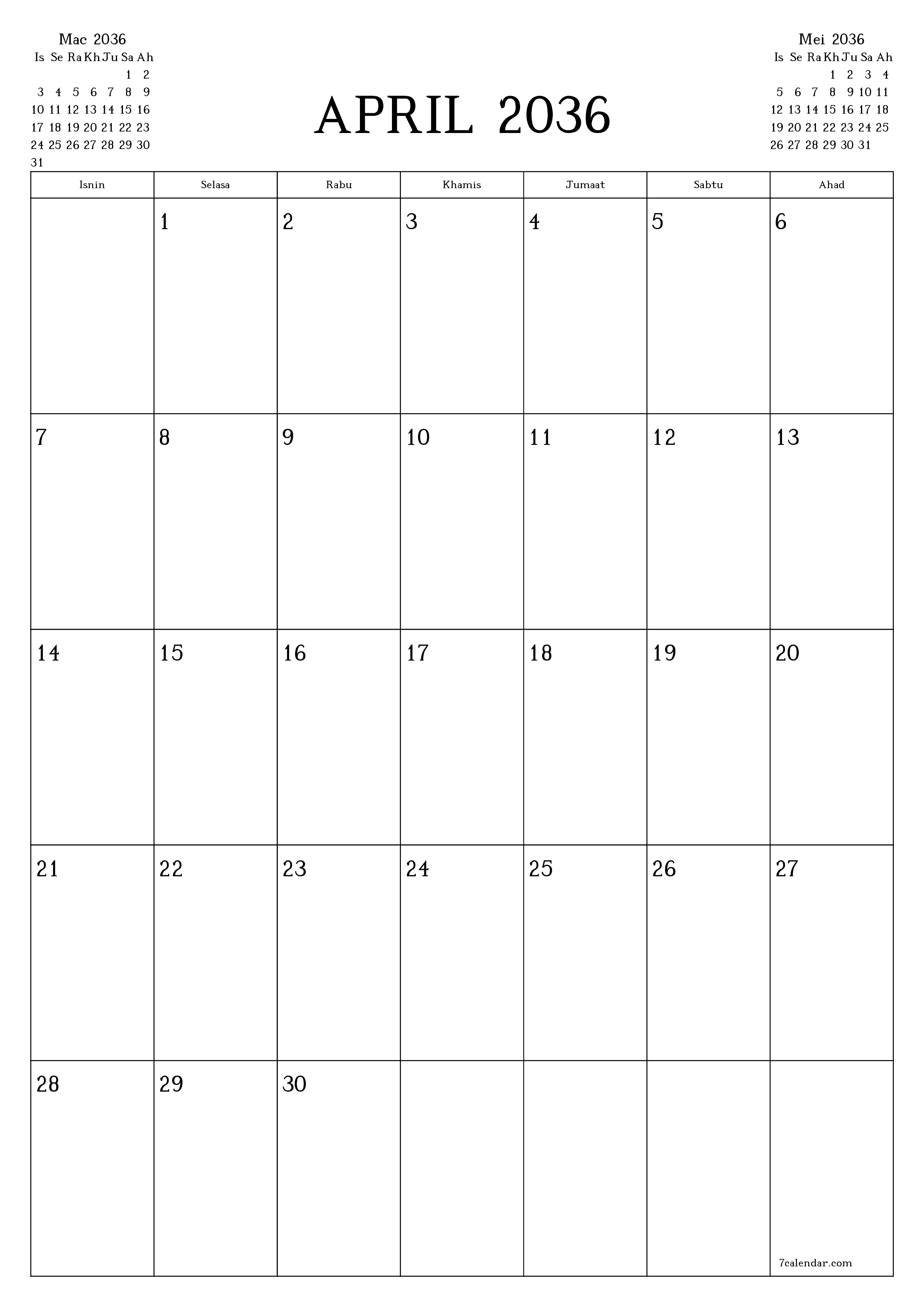  boleh cetak dinding templat percumamenegak Bulanan perancang kalendar April (Apr) 2036