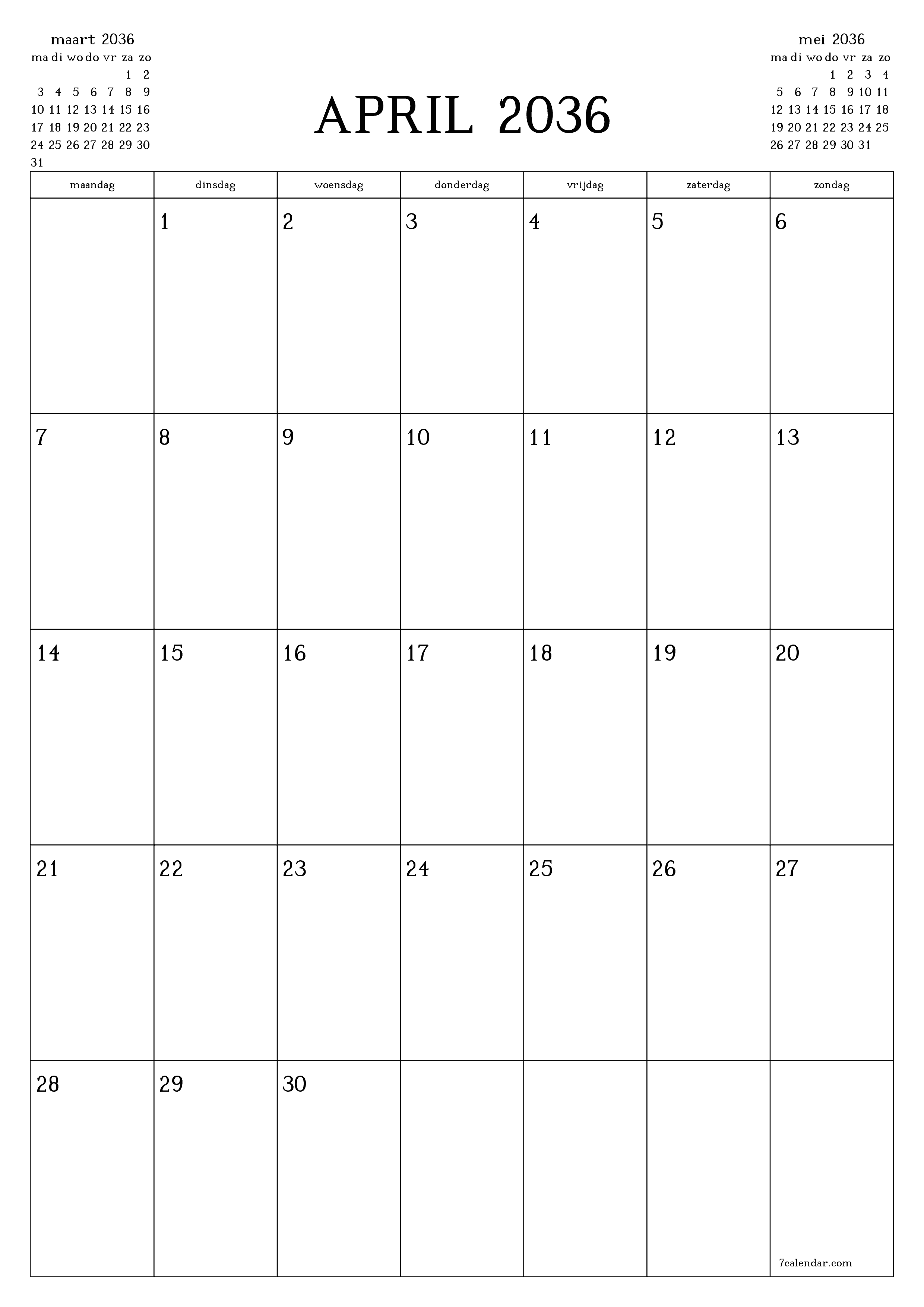 afdrukbare muur sjabloon gratis verticaal Maandelijks planner kalender april (apr) 2036