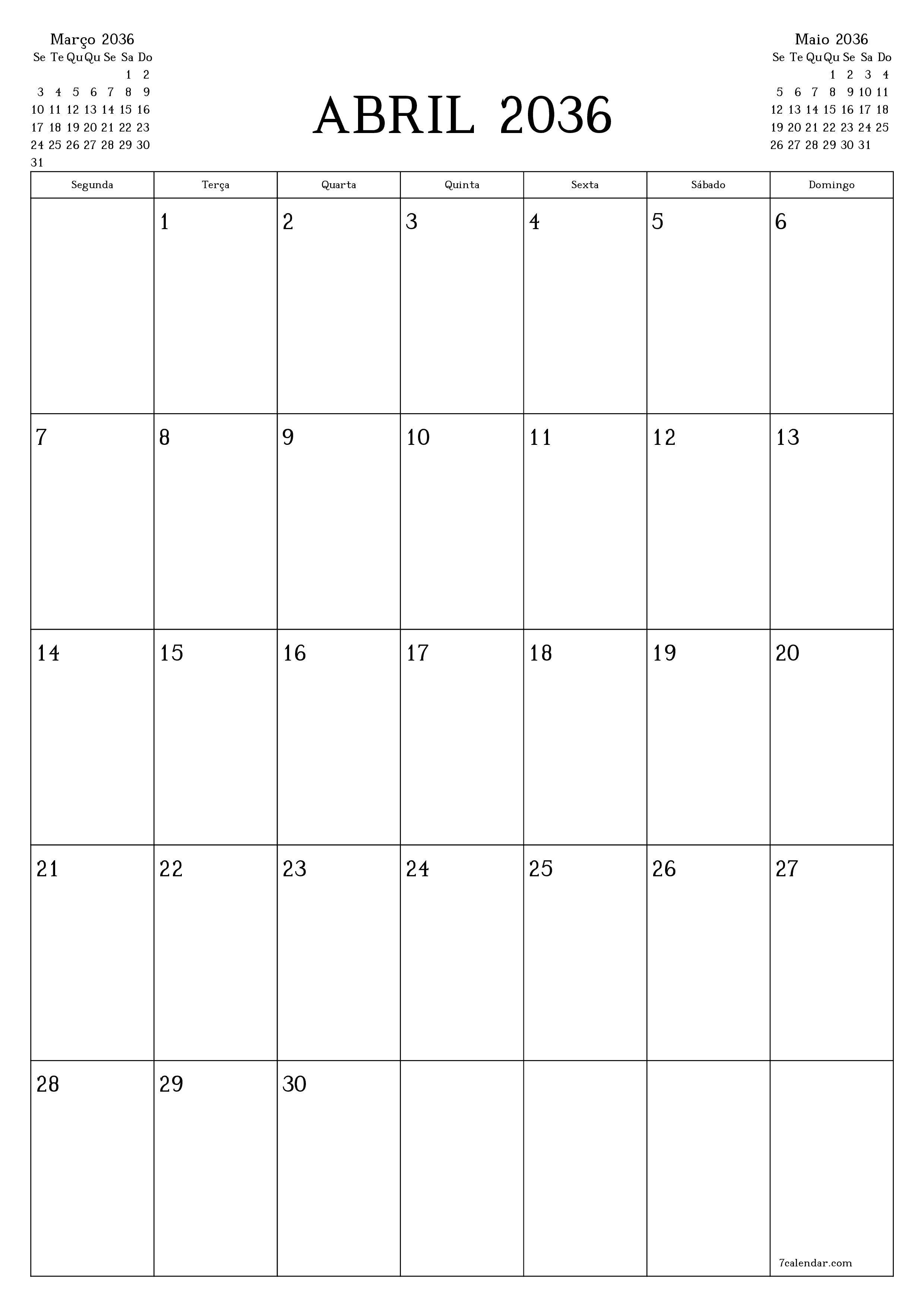  para impressão de parede modelo de grátisvertical Mensal planejador calendário Abril (Abr) 2036