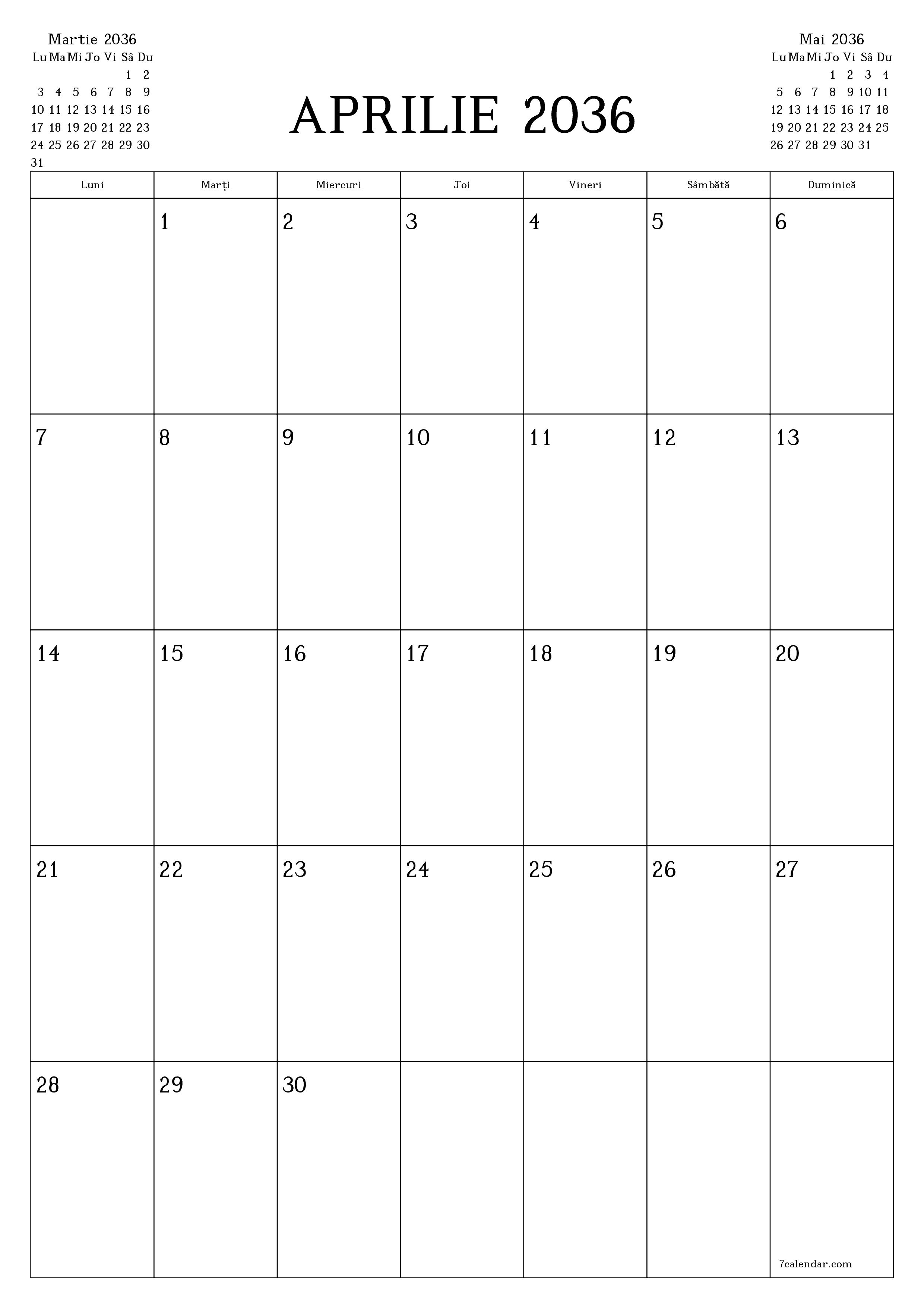  imprimabil de perete șablon de gratuitvertical Lunar planificator calendar Aprilie (Apr) 2036