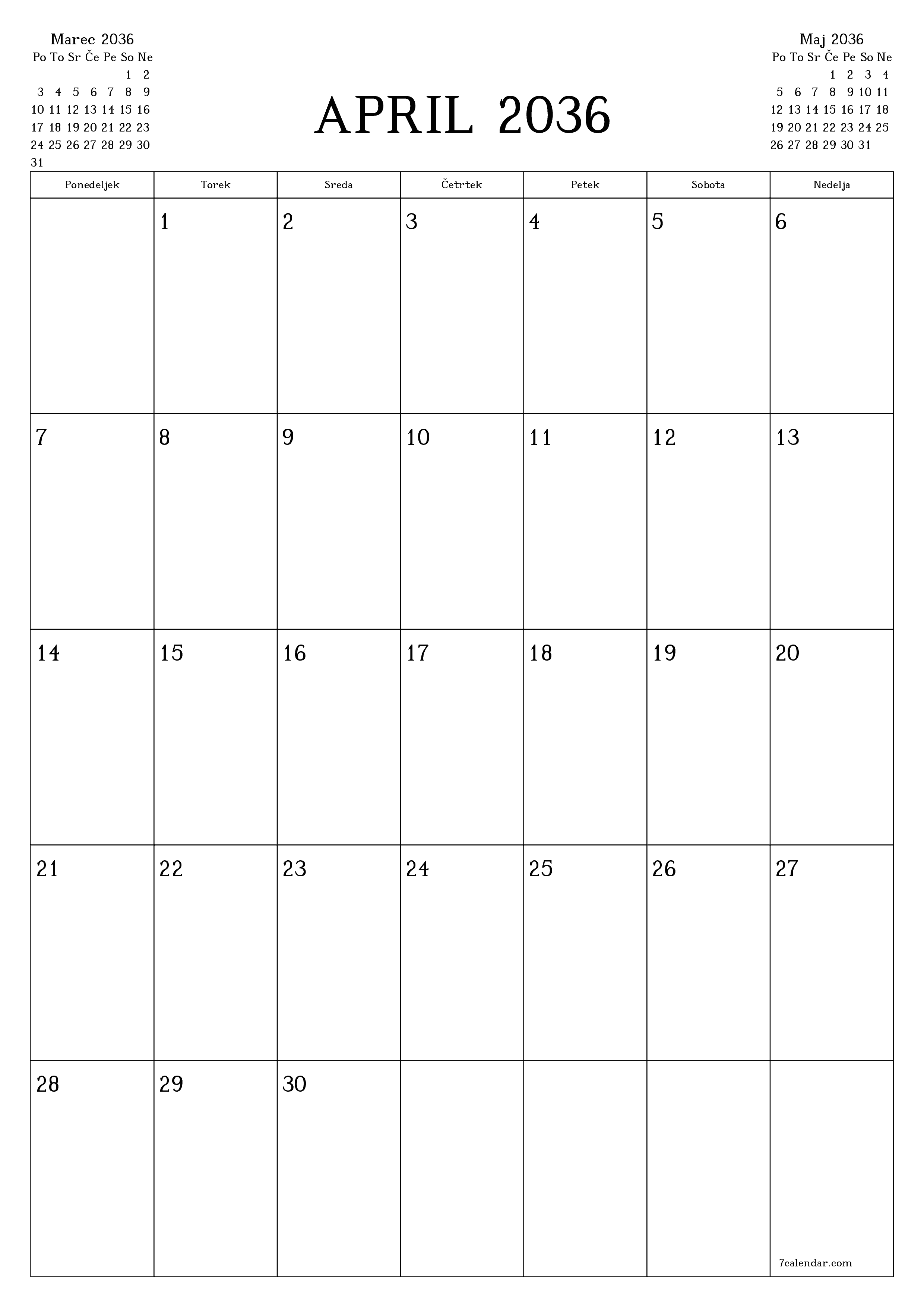 natisljiv stenski ska predloga brezplačni vertical Mesečno jadralno letalo koledar April (Apr) 2036