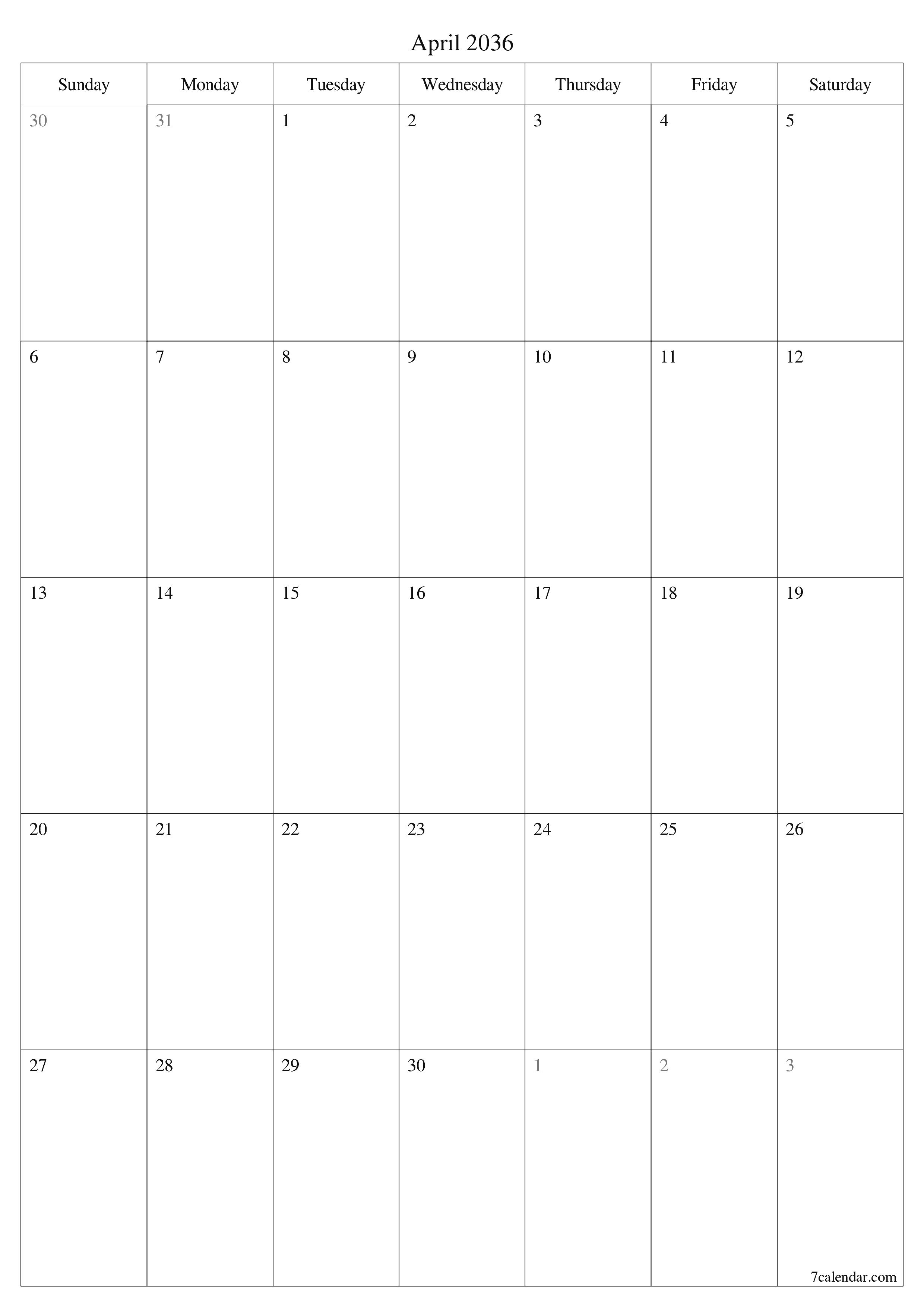 Blank calendar April 2036