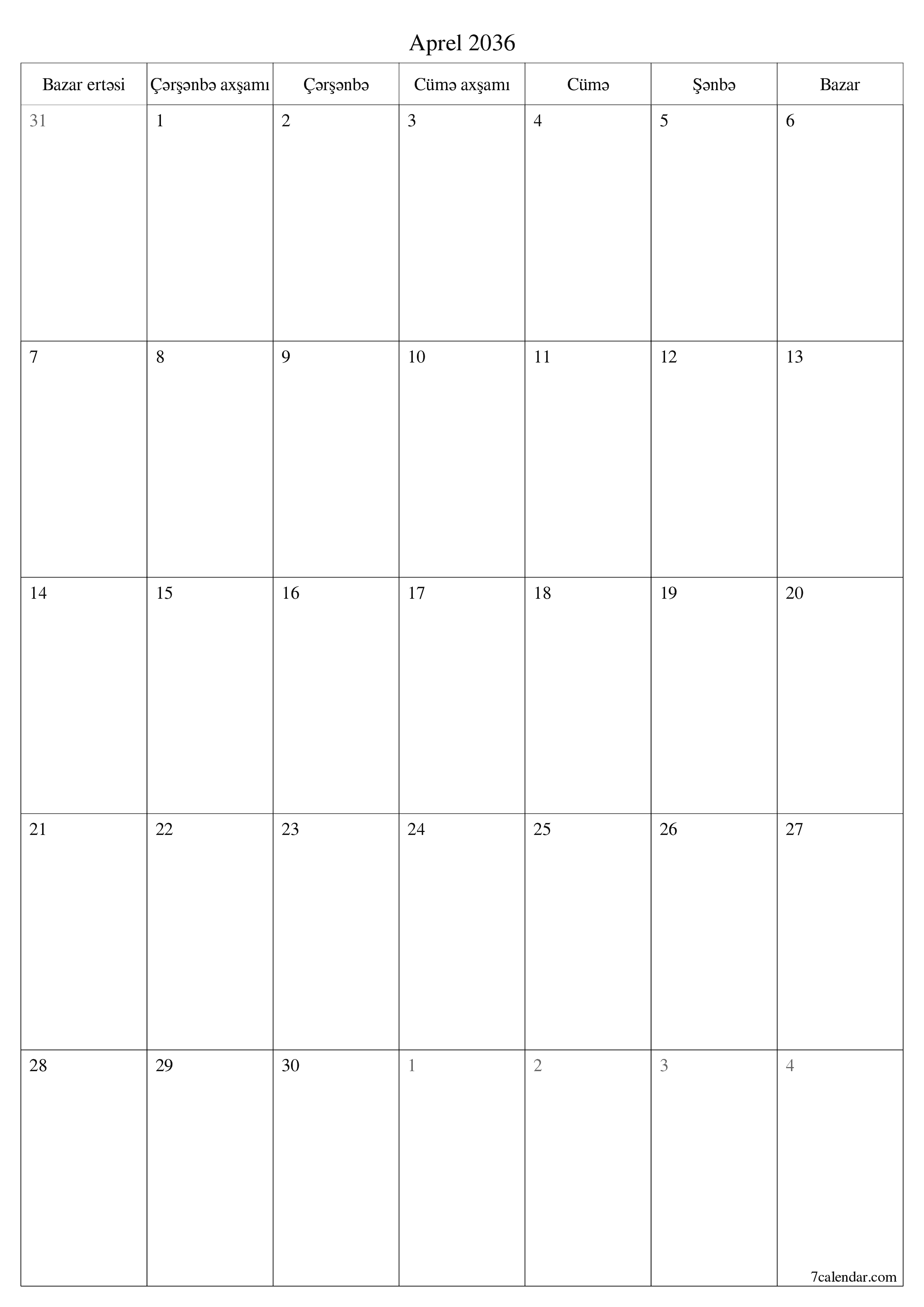 çap edilə bilən divar i şablonu pulsuz şaquli Aylıq planlaşdırıcı təqvim Aprel (Apr) 2036