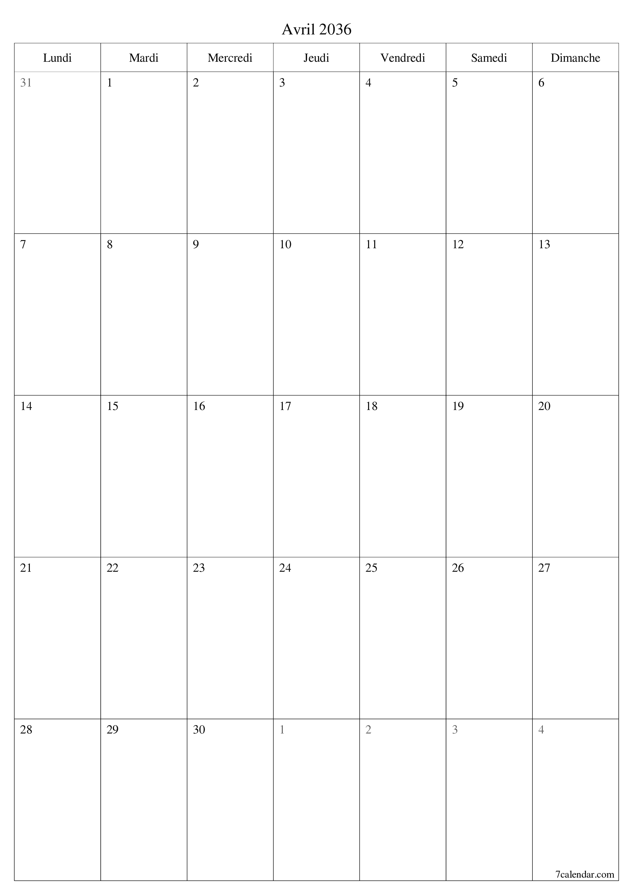  imprimable mural modèle de gratuitverticale Mensuel planificateur calendrier Avril (Avr) 2036