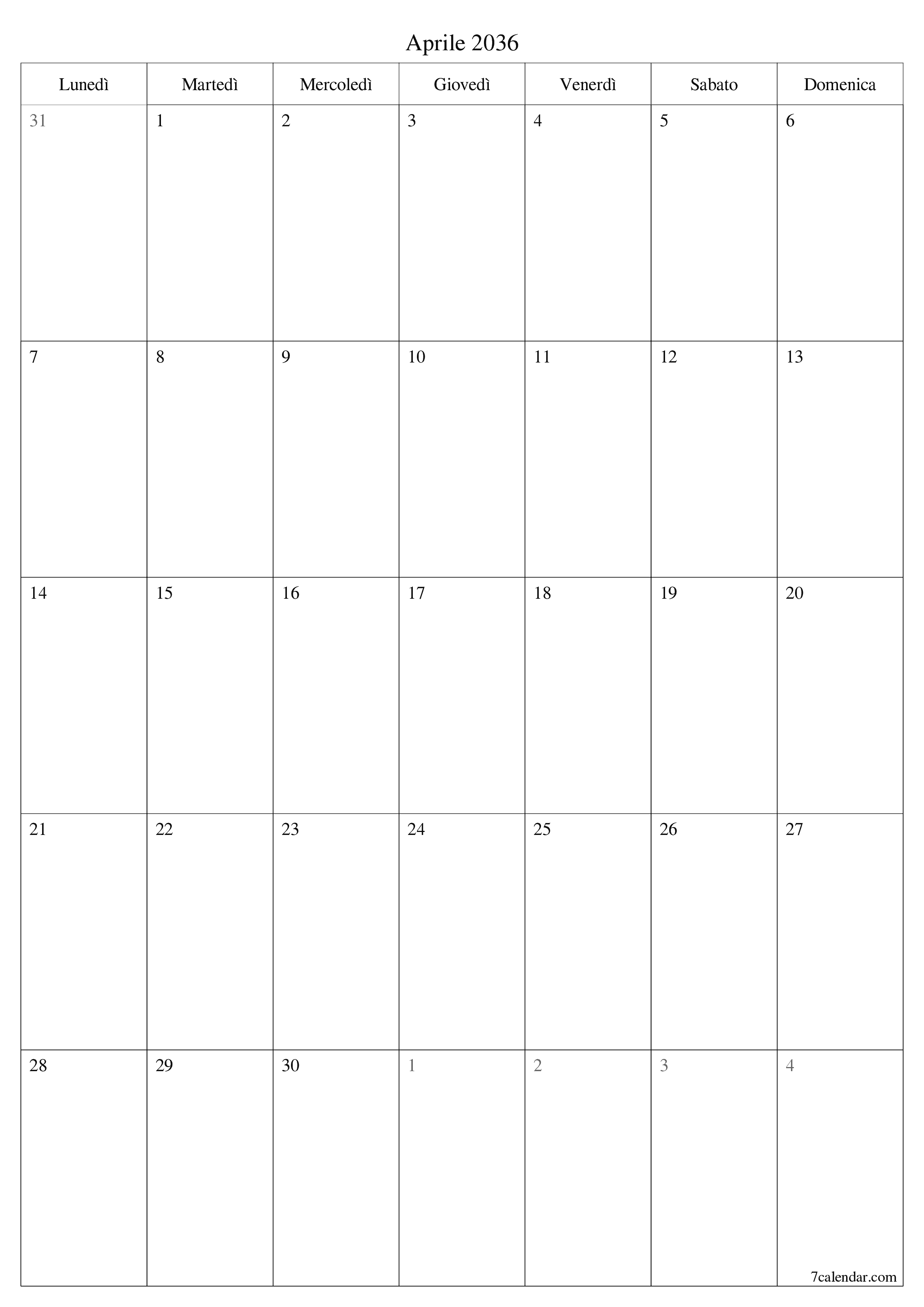  stampabile da parete modello di gratuitoverticale Mensile pianificatore calendario Aprile (Apr) 2036