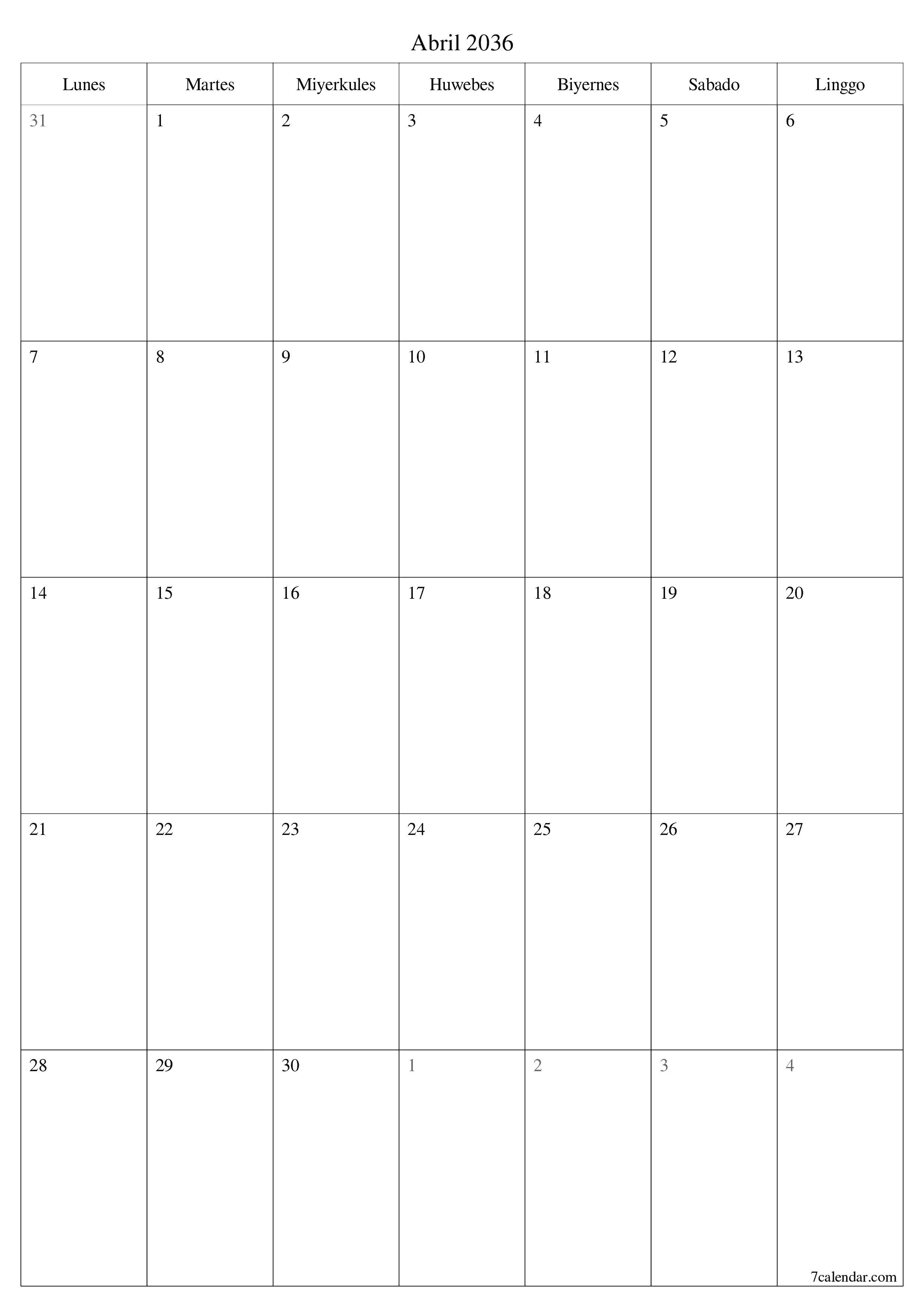 Walang laman na buwanang tagaplano para sa buwan na Abril 2036 na may mga tala, i-save at i-print sa PDF PNG Filipino