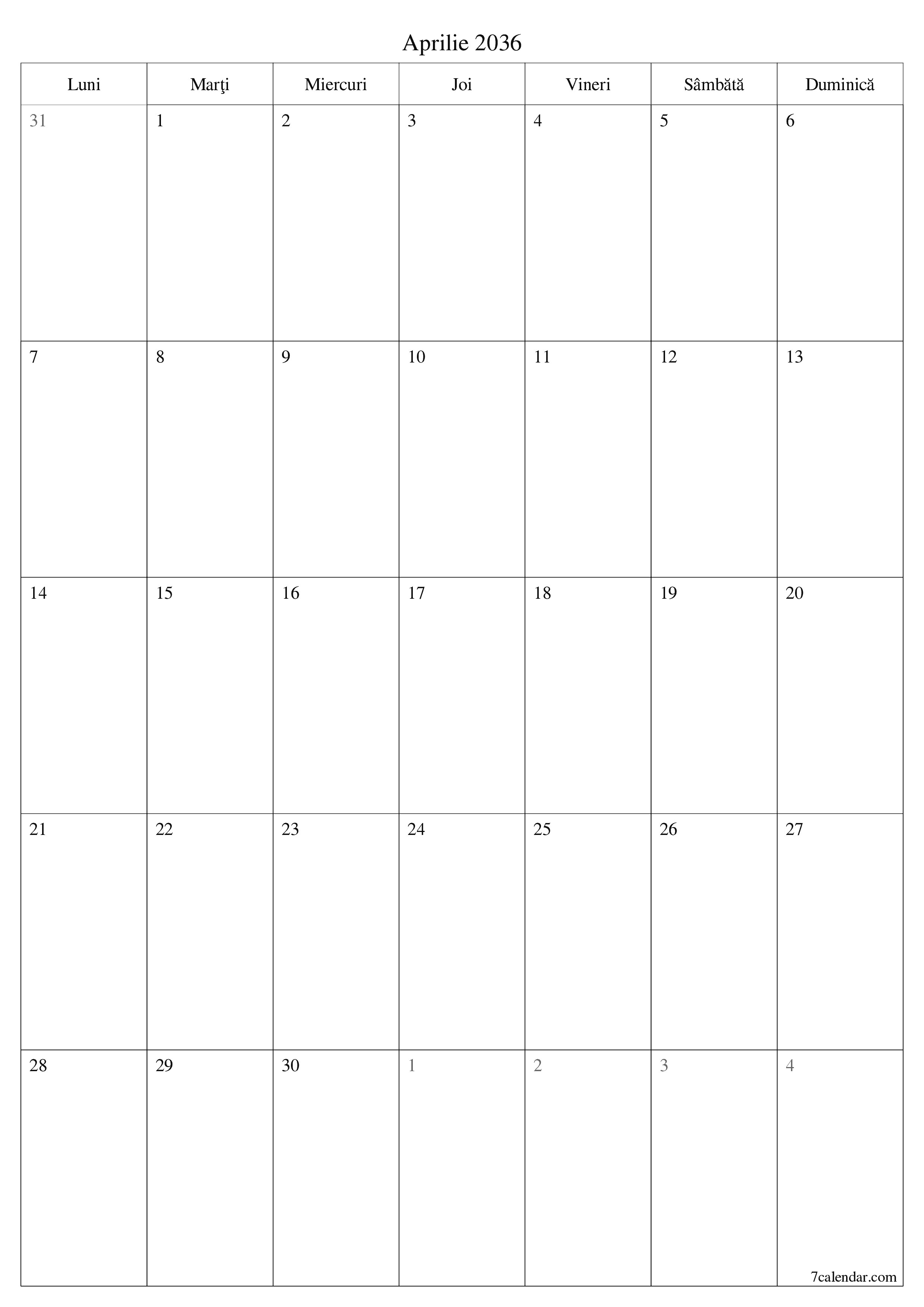  imprimabil de perete șablon de gratuitvertical Lunar planificator calendar Aprilie (Apr) 2036