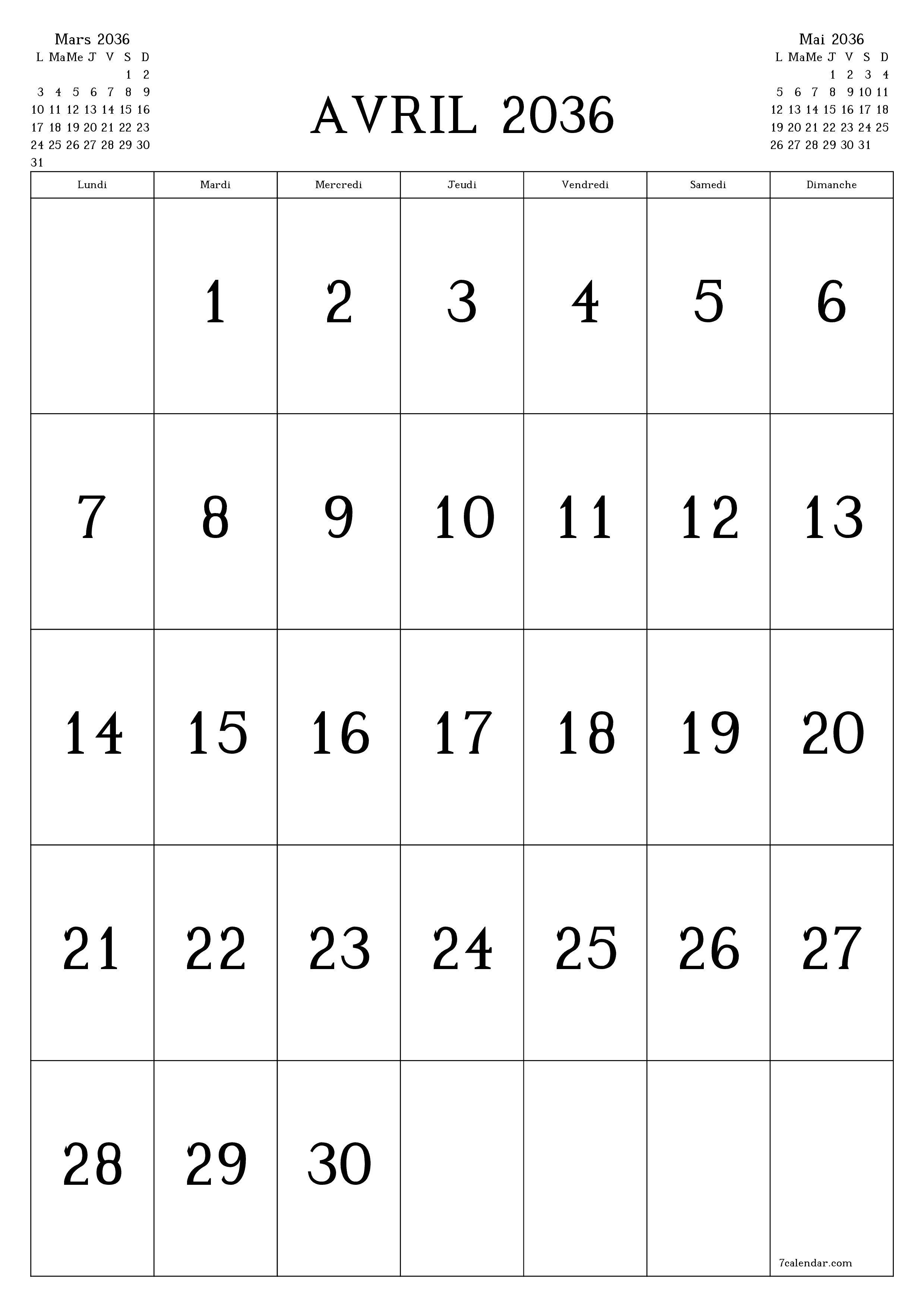  imprimable mural modèle de gratuitverticale Mensuel calendrier Avril (Avr) 2036