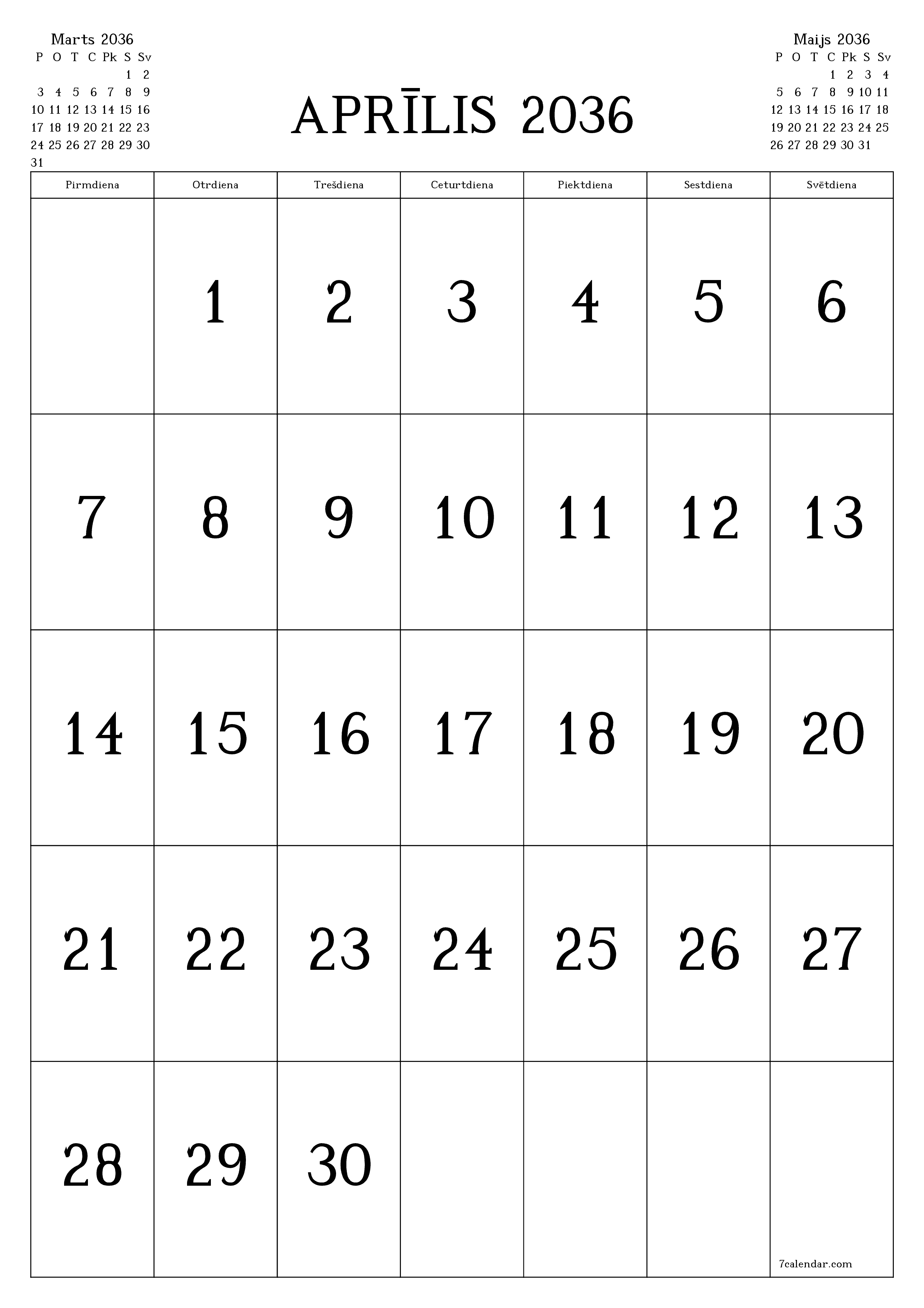 izdrukājams sienas kalendāra veidne bezmaksas vertikāli Mēneša kalendārs Aprīlis (Apr) 2036