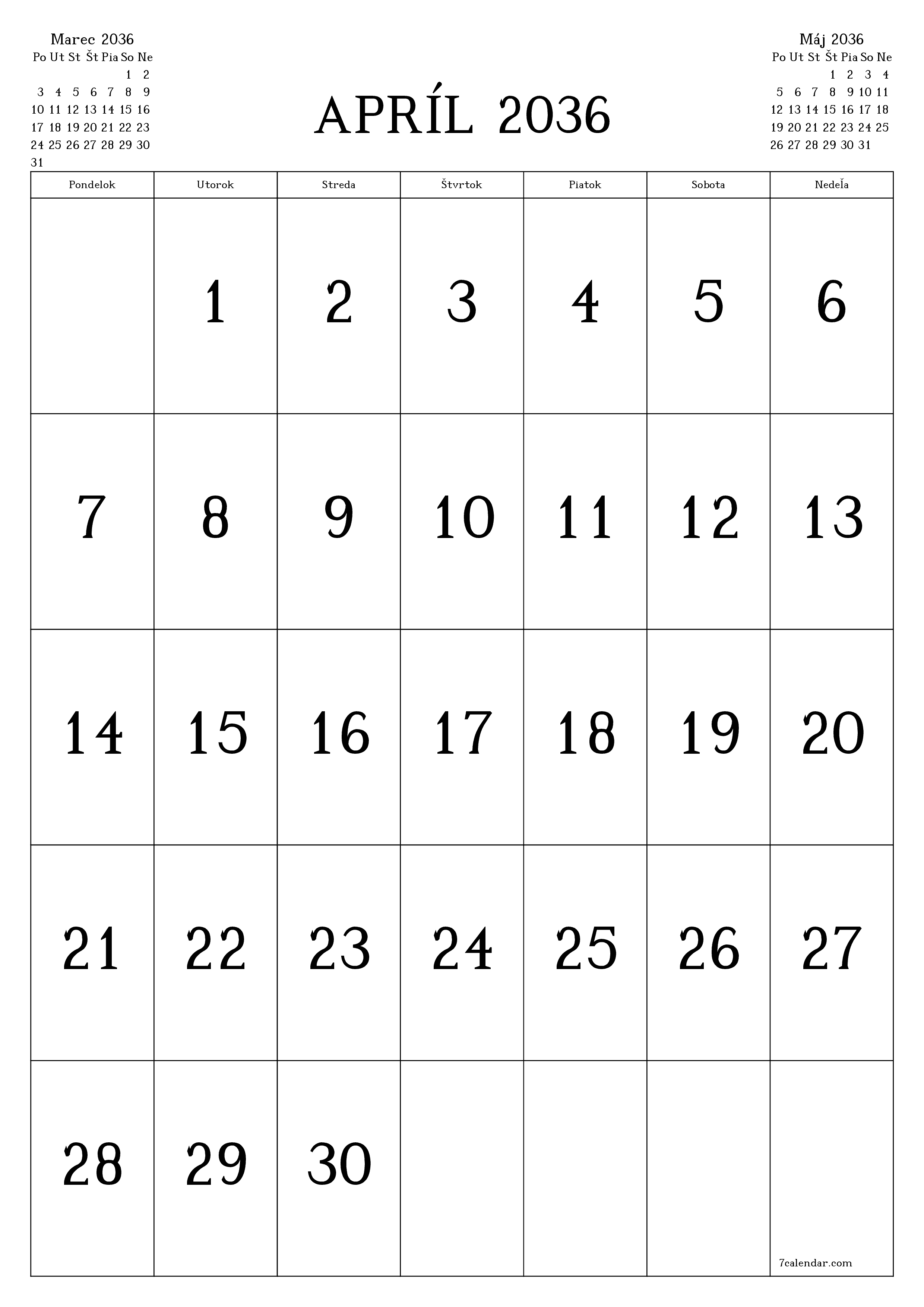 vytlačiteľný nástenný šablóna a bezplatný вертикальный Mesačne kalendár Apríl (Apr) 2036