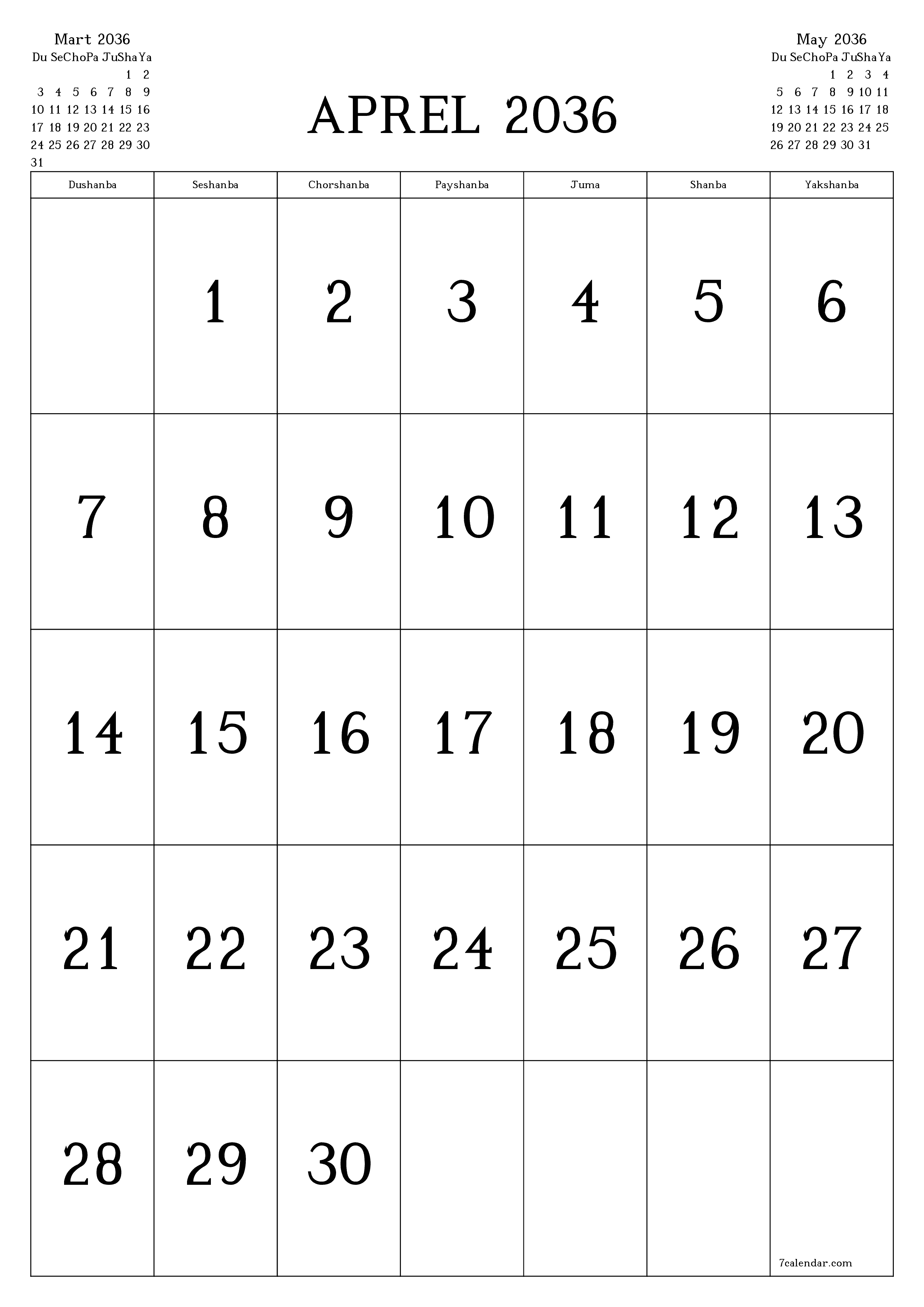 chop etiladigan devor taqvimi shabloni bepul vertikal Oylik kalendar Aprel (Apr) 2036