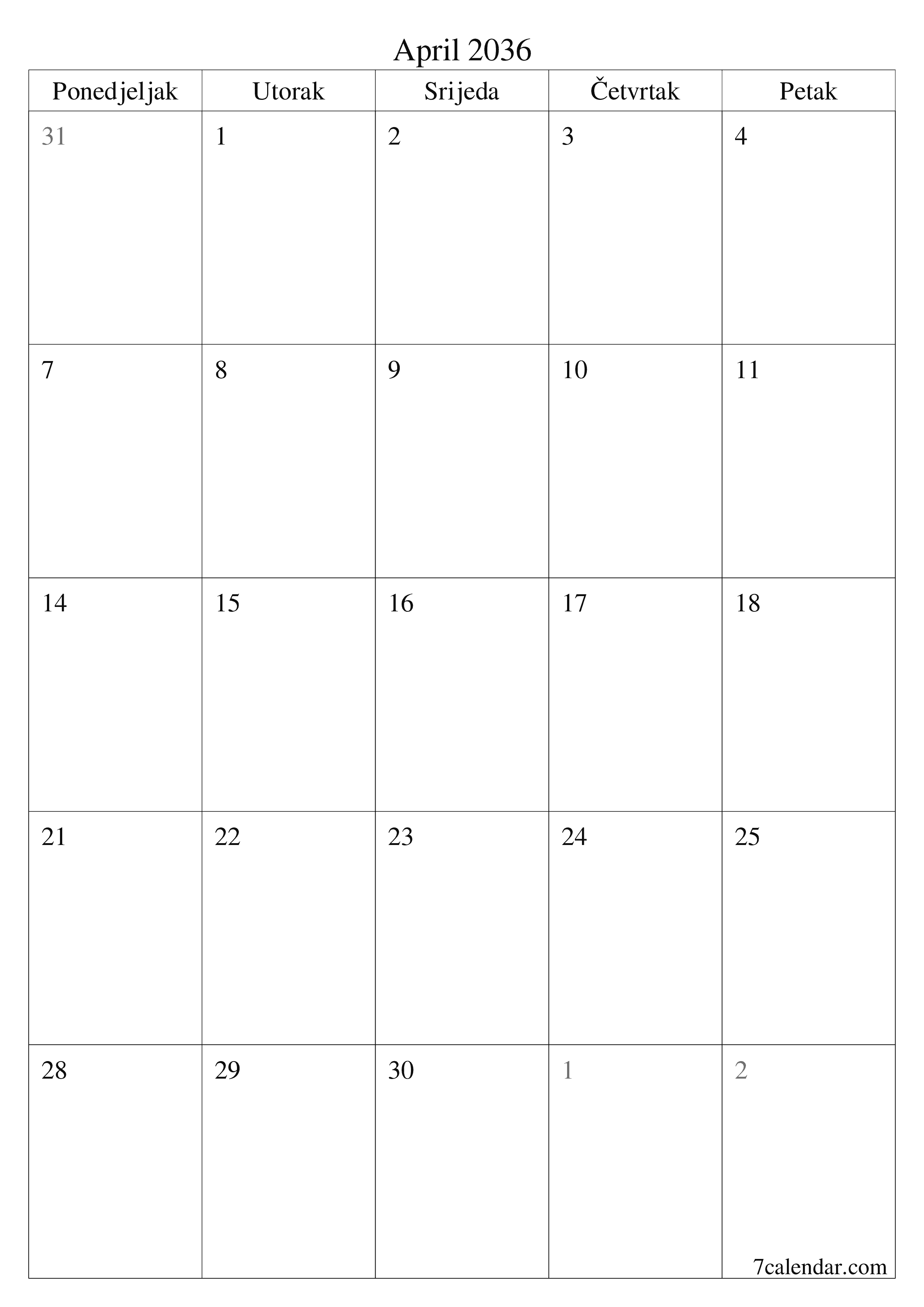  za štampanje zidni šablon a besplatni vertikalno Mjesečno planer kalendar April (Apr) 2036
