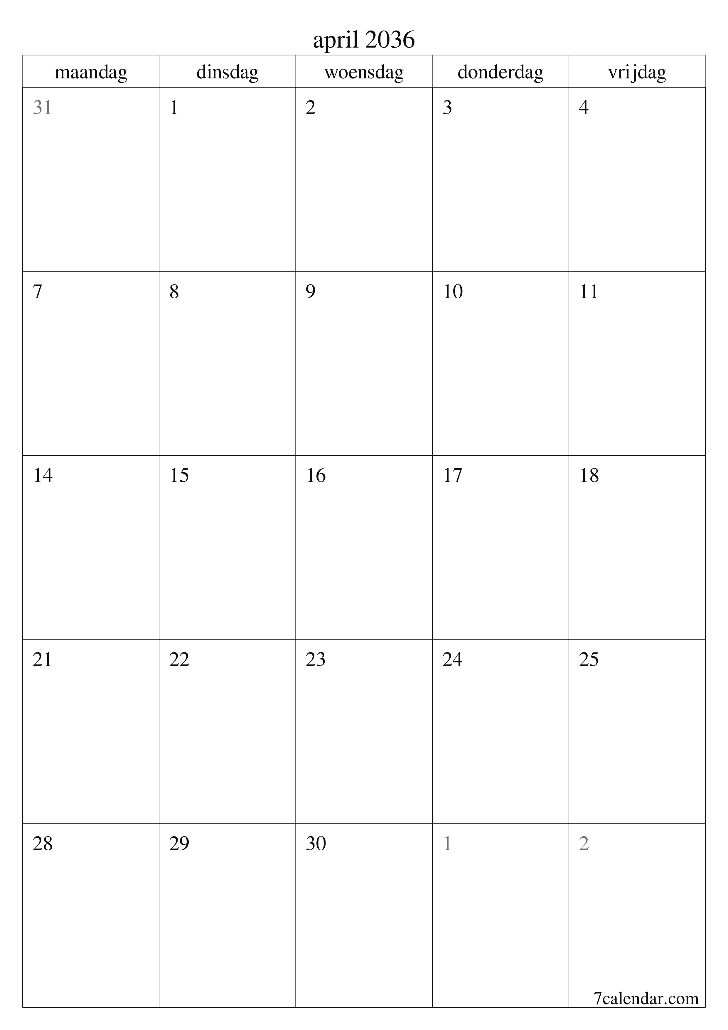 afdrukbare muur sjabloon gratis verticaal Maandelijks planner kalender april (apr) 2036