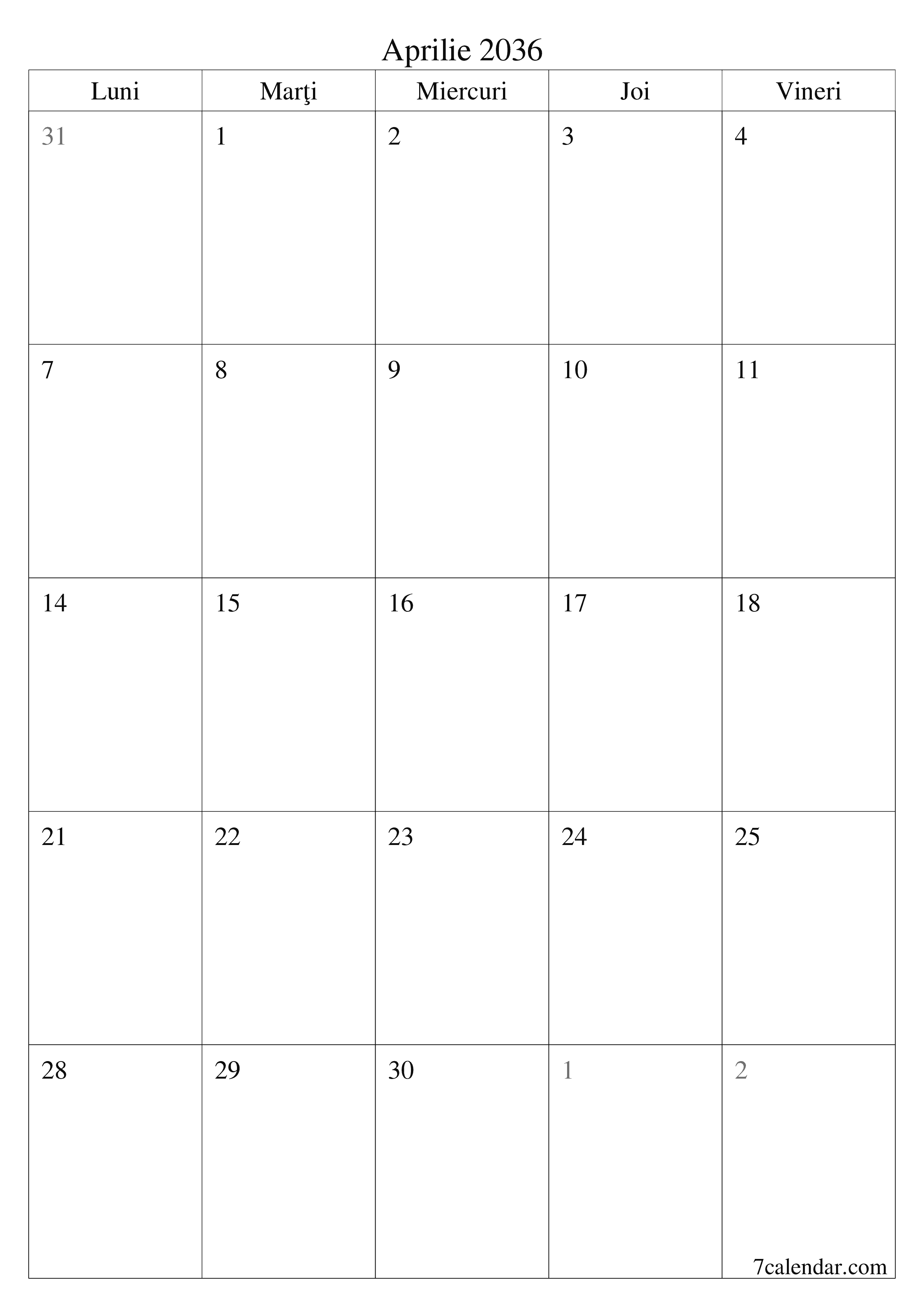  imprimabil de perete șablon de gratuitvertical Lunar planificator calendar Aprilie (Apr) 2036