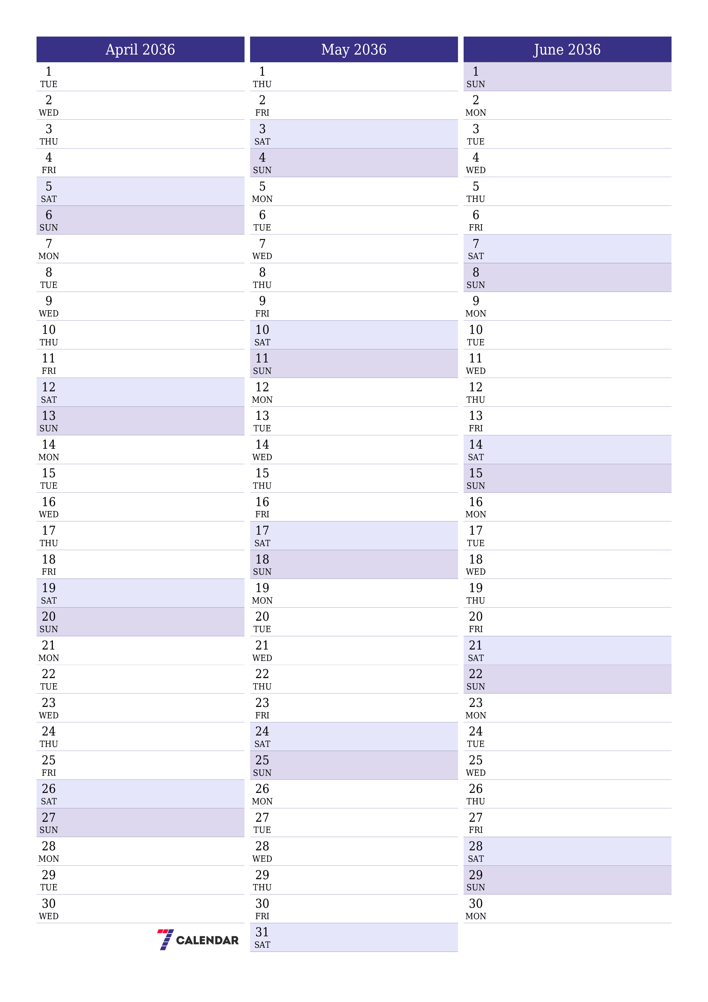 Blank calendar April 2036