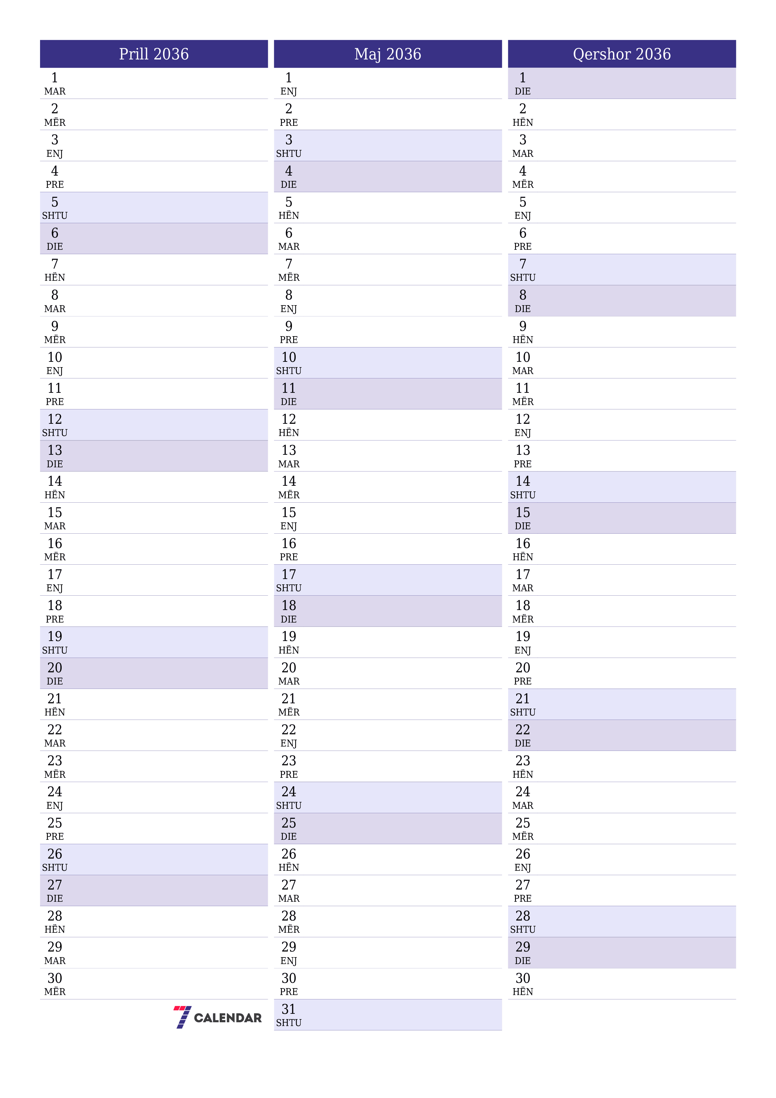 Planifikuesi i zbrazët i kalendarit mujor për muajin Prill 2036 me shënime të ruajtura dhe të printuara në PDF PNG Albanian