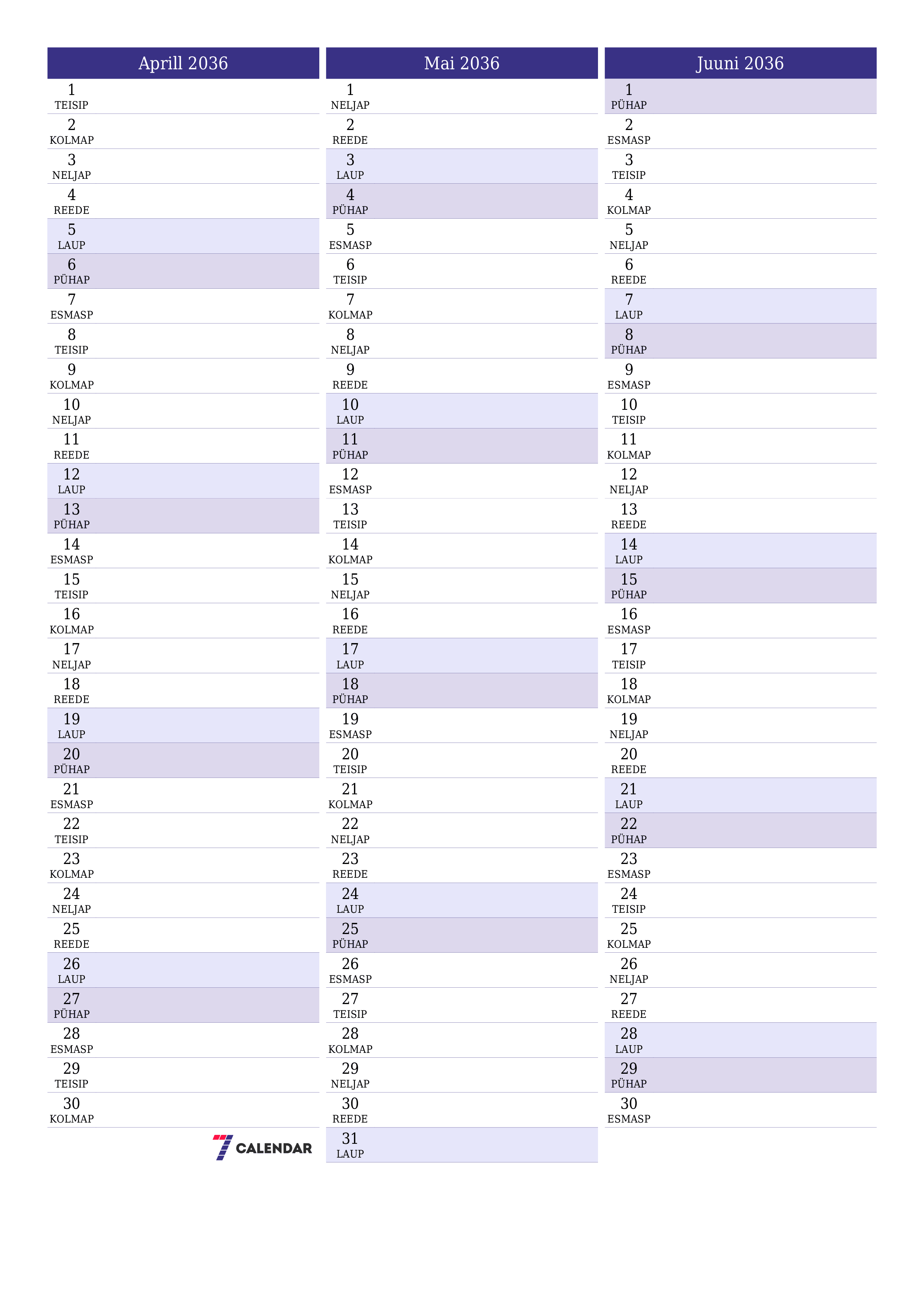 prinditav seina kalendri mall tasuta vertikaalne Igakuine planeerija kalender Aprill (Apr) 2036