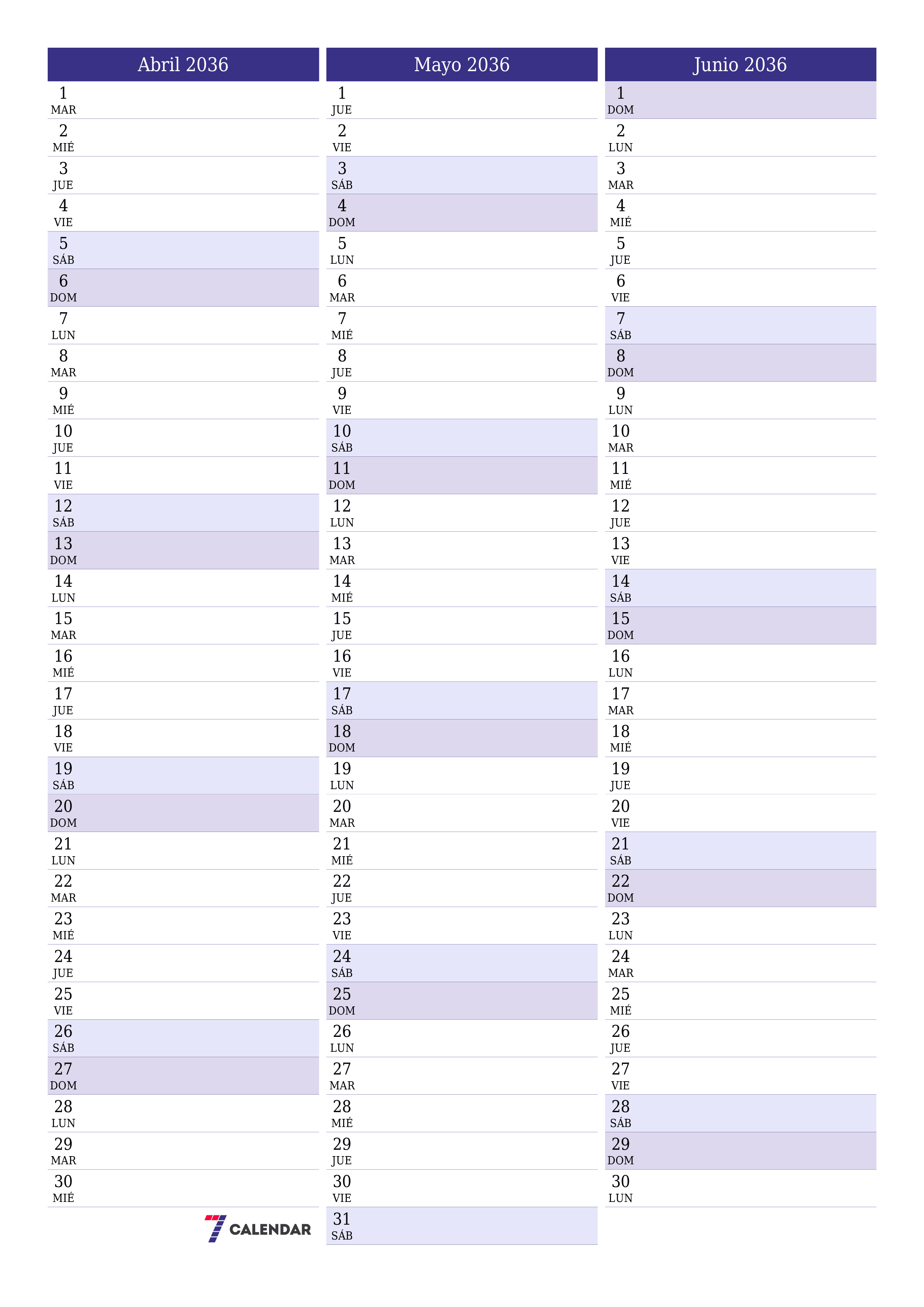  imprimible de pared plantilla de gratisvertical Mensual planificador calendario Abril (Abr) 2036