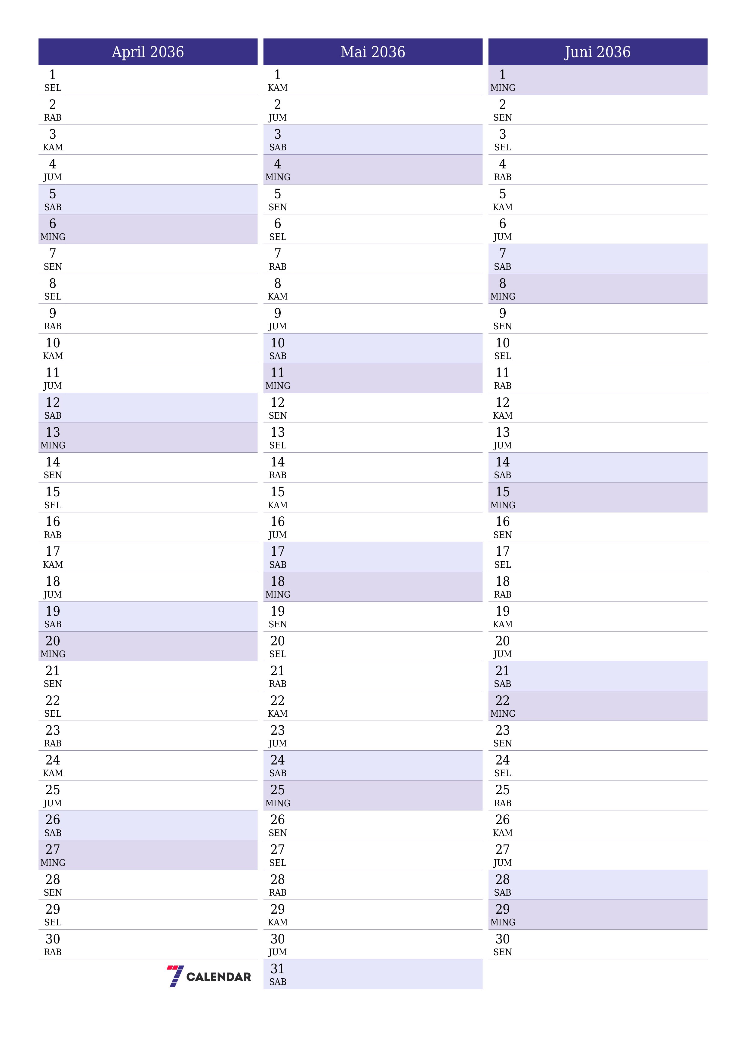  yang dapat dicetak dinding templat gratisvertikal Bulanan perencana kalender April (Apr) 2036