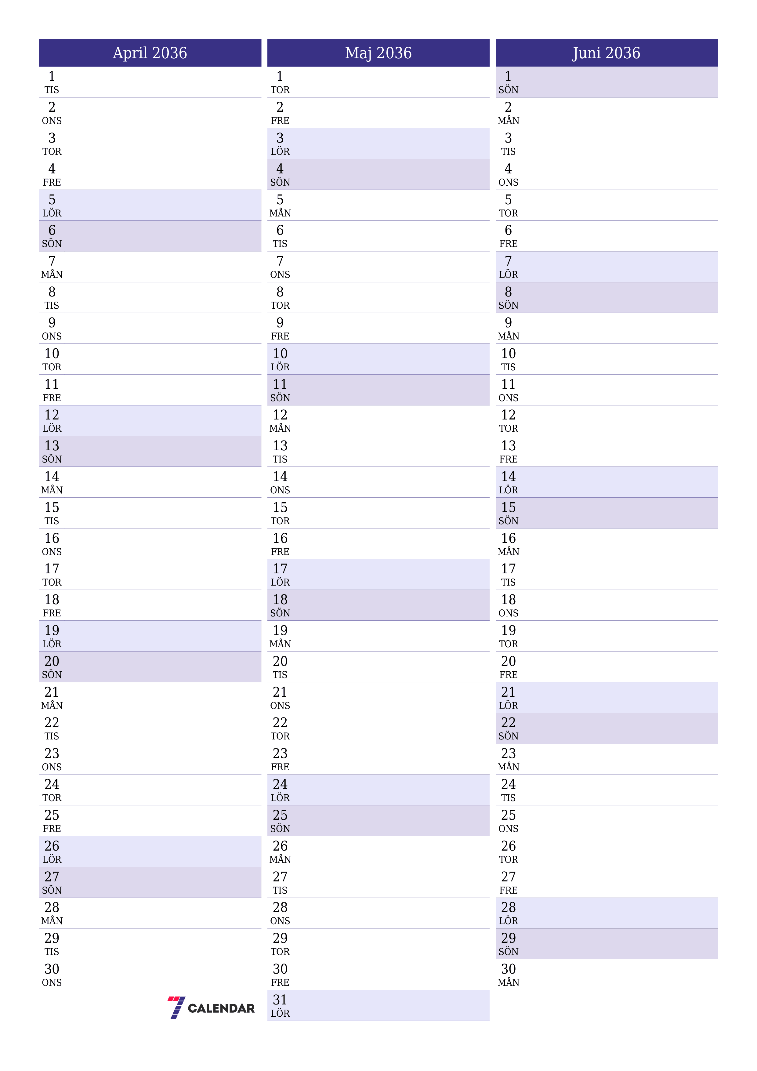 utskrivbar vägg mall gratis vertikal Månatlig planerare kalender April (Apr) 2036