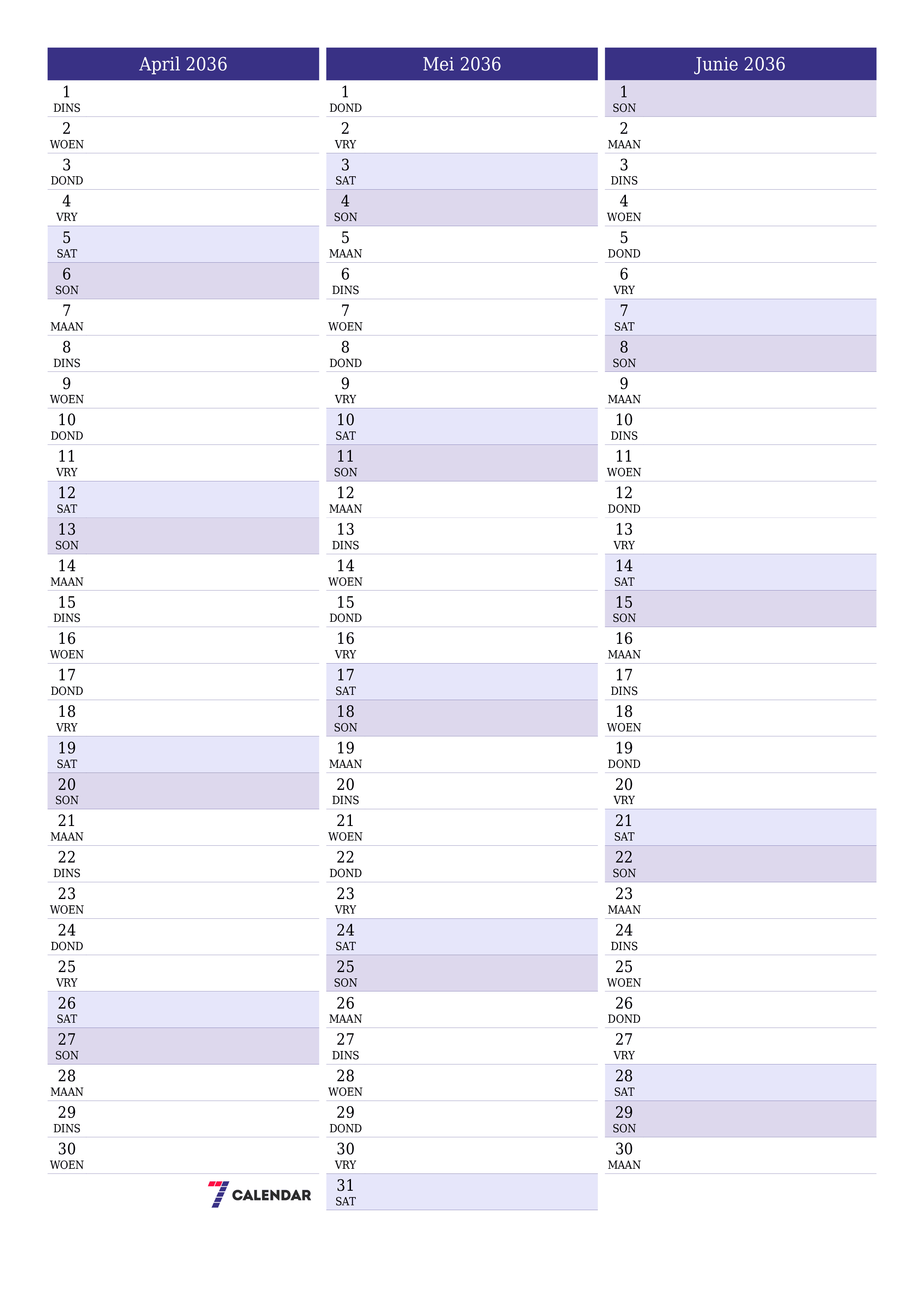 drukbare muur template gratis vertikaal Maandeliks beplanner kalender April (Apr) 2036