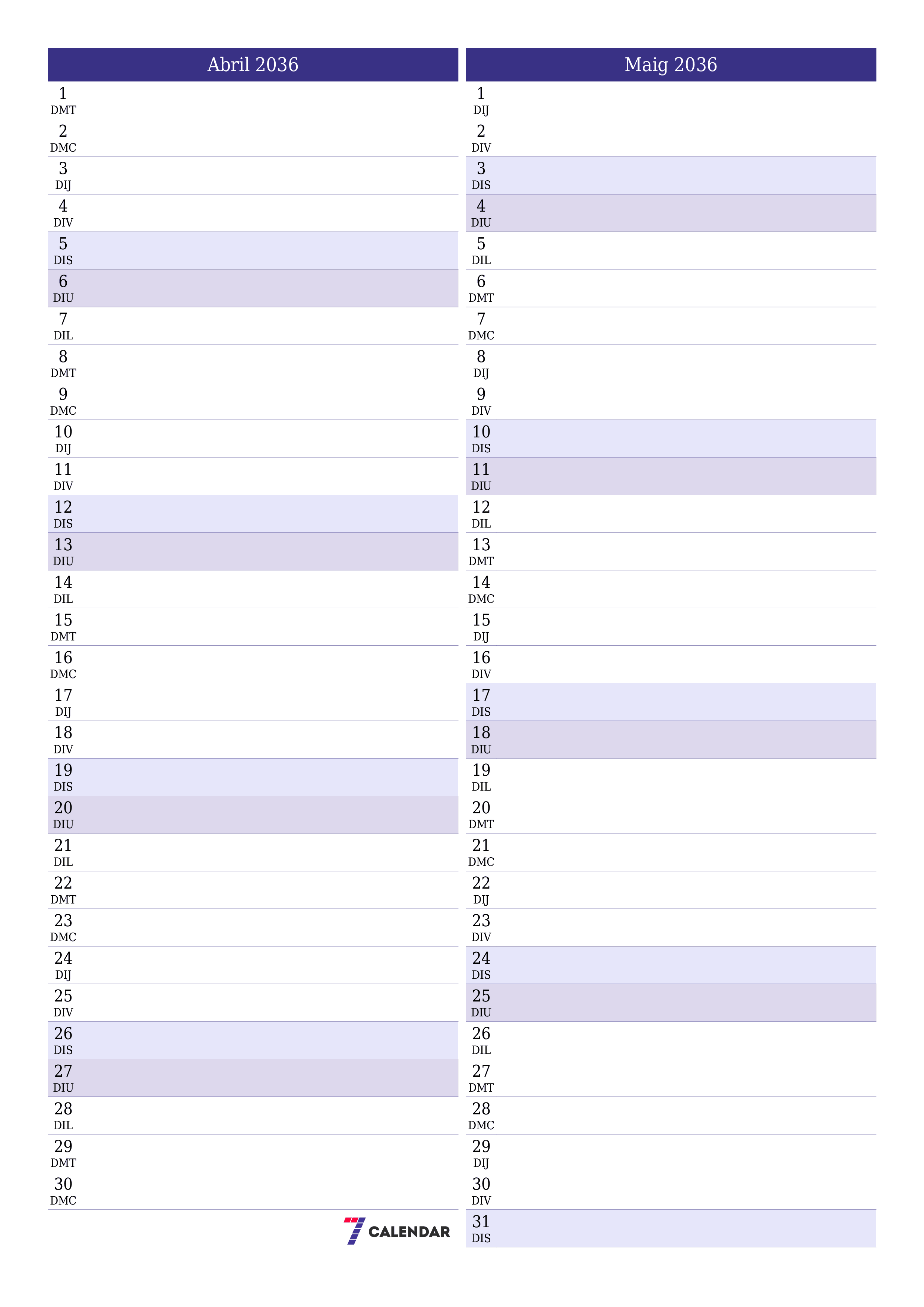  imprimible de paret plantilla de gratuïtvertical Mensual planificador calendari Abril (Abr) 2036