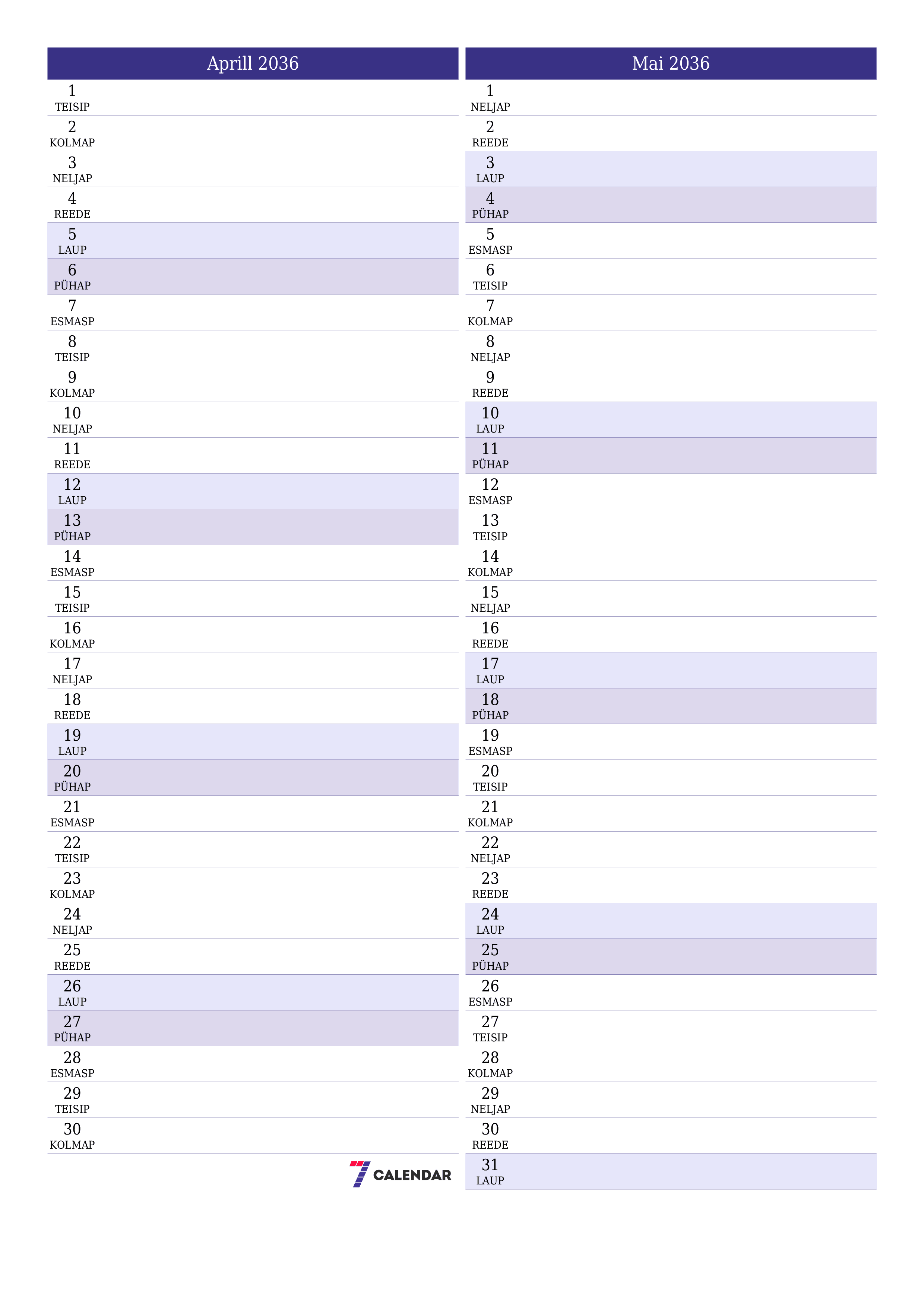 prinditav seina kalendri mall tasuta vertikaalne Igakuine planeerija kalender Aprill (Apr) 2036