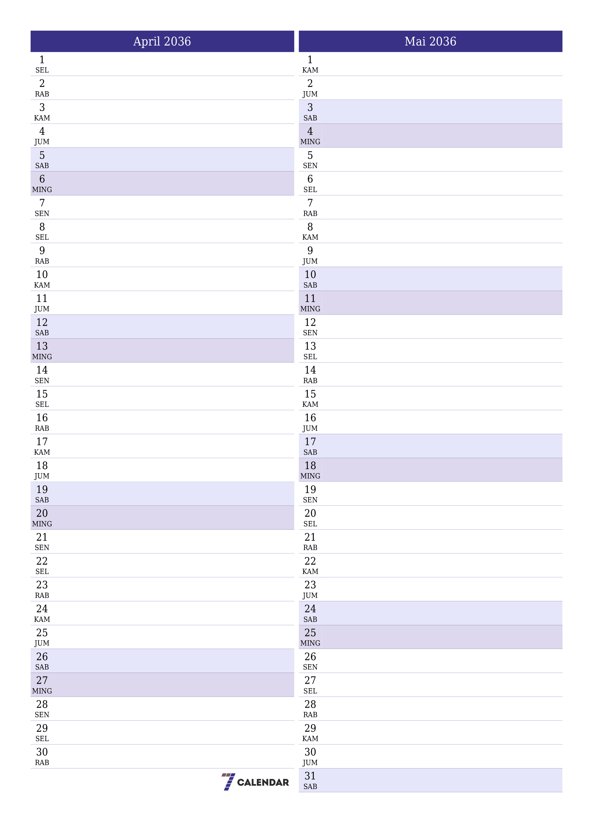  yang dapat dicetak dinding templat gratisvertikal Bulanan perencana kalender April (Apr) 2036
