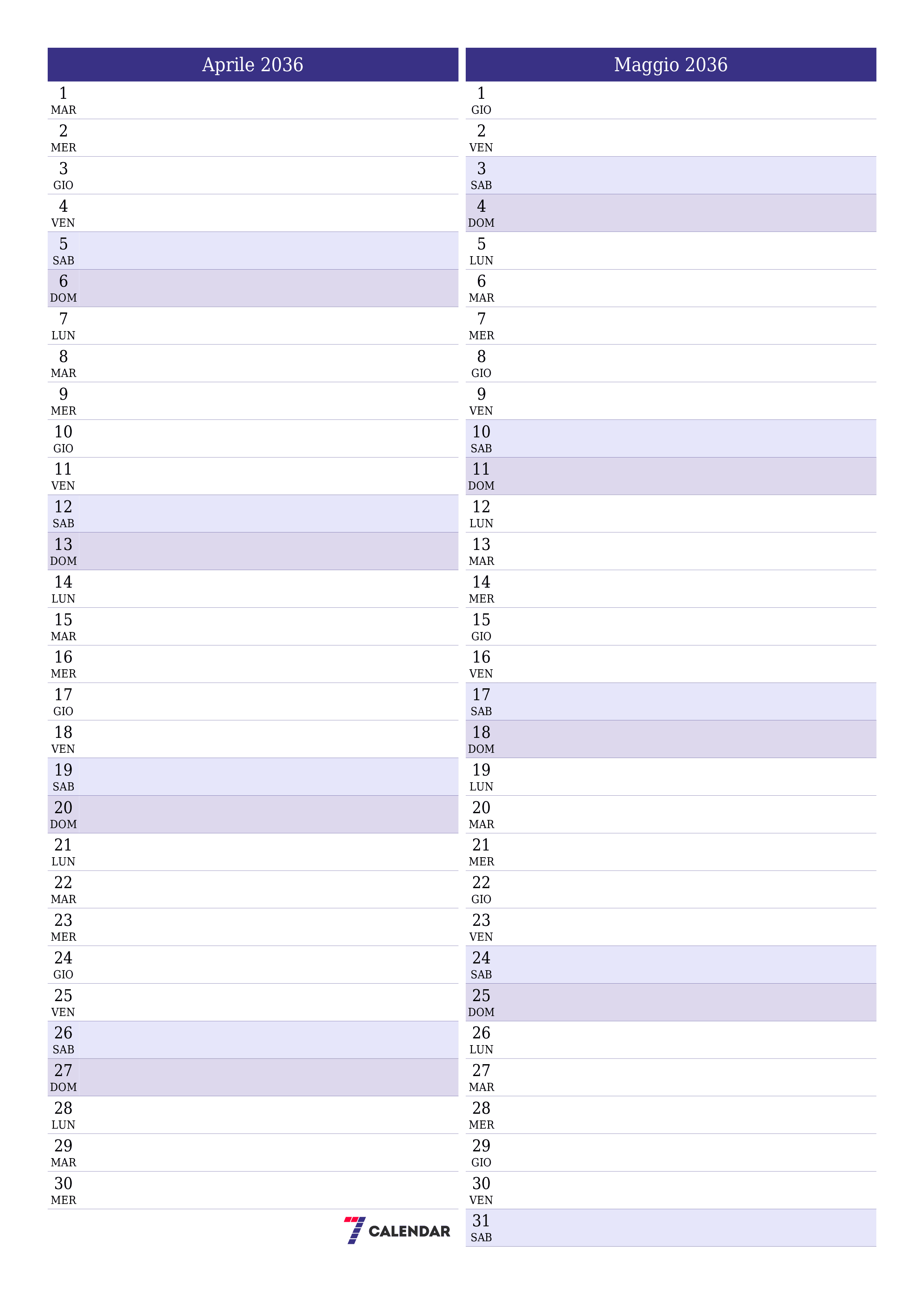  stampabile da parete modello di gratuitoverticale Mensile pianificatore calendario Aprile (Apr) 2036