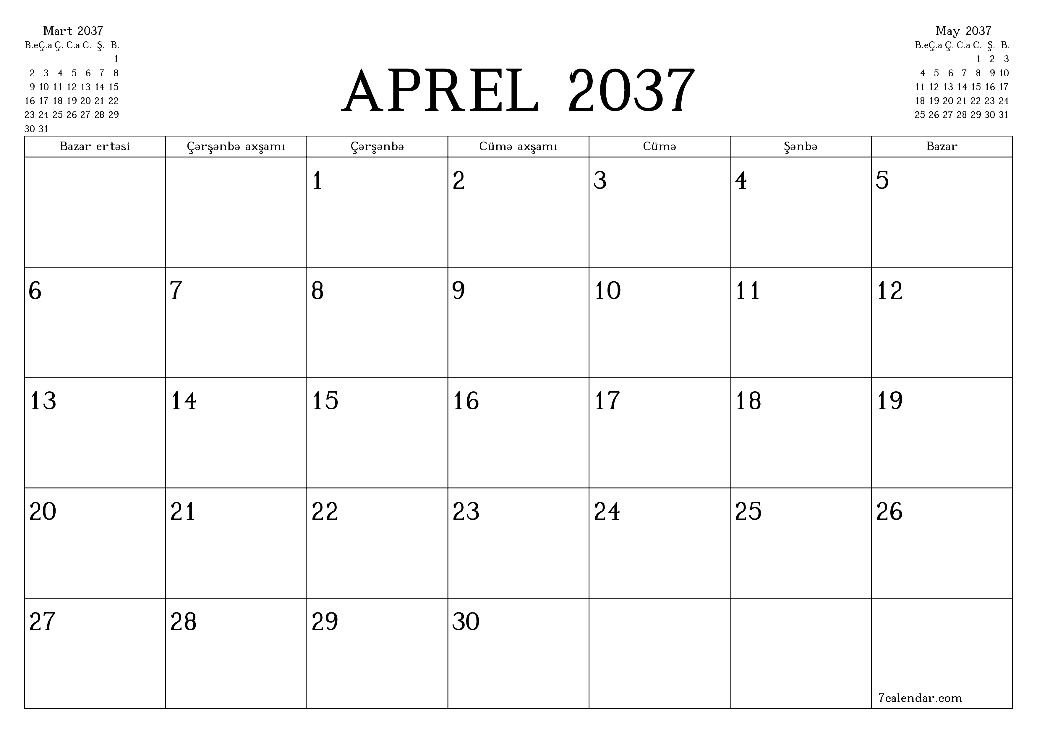 Aprel 2037 ayı üçün qeydlər ilə boş aylıq planlayıcı, qeyd edin və PDF-ə yazdırın PNG Azerbaijani