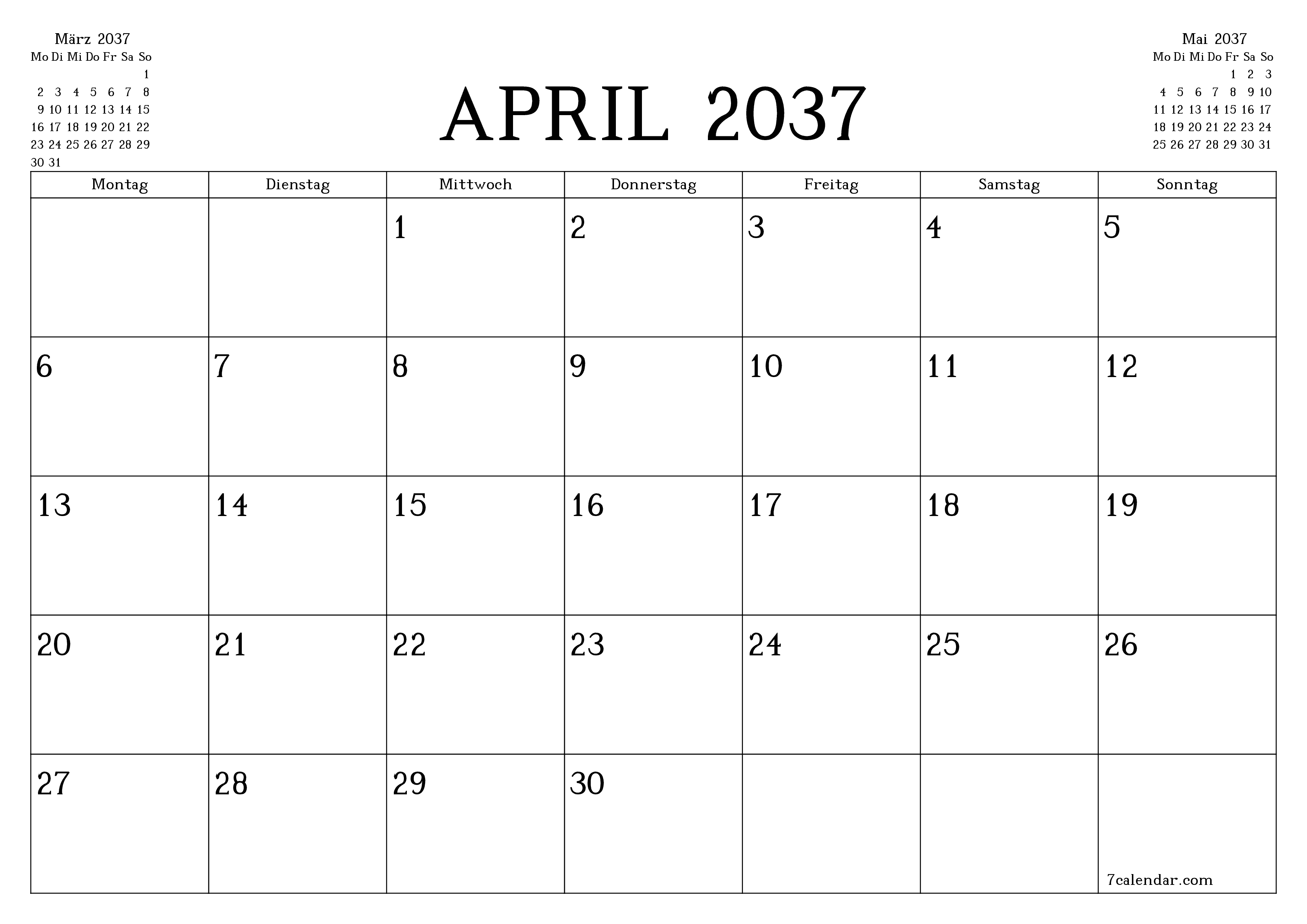 Monatsplaner für Monat April 2037 mit Notizen leeren, speichern und als PDF PNG German - 7calendar.com drucken