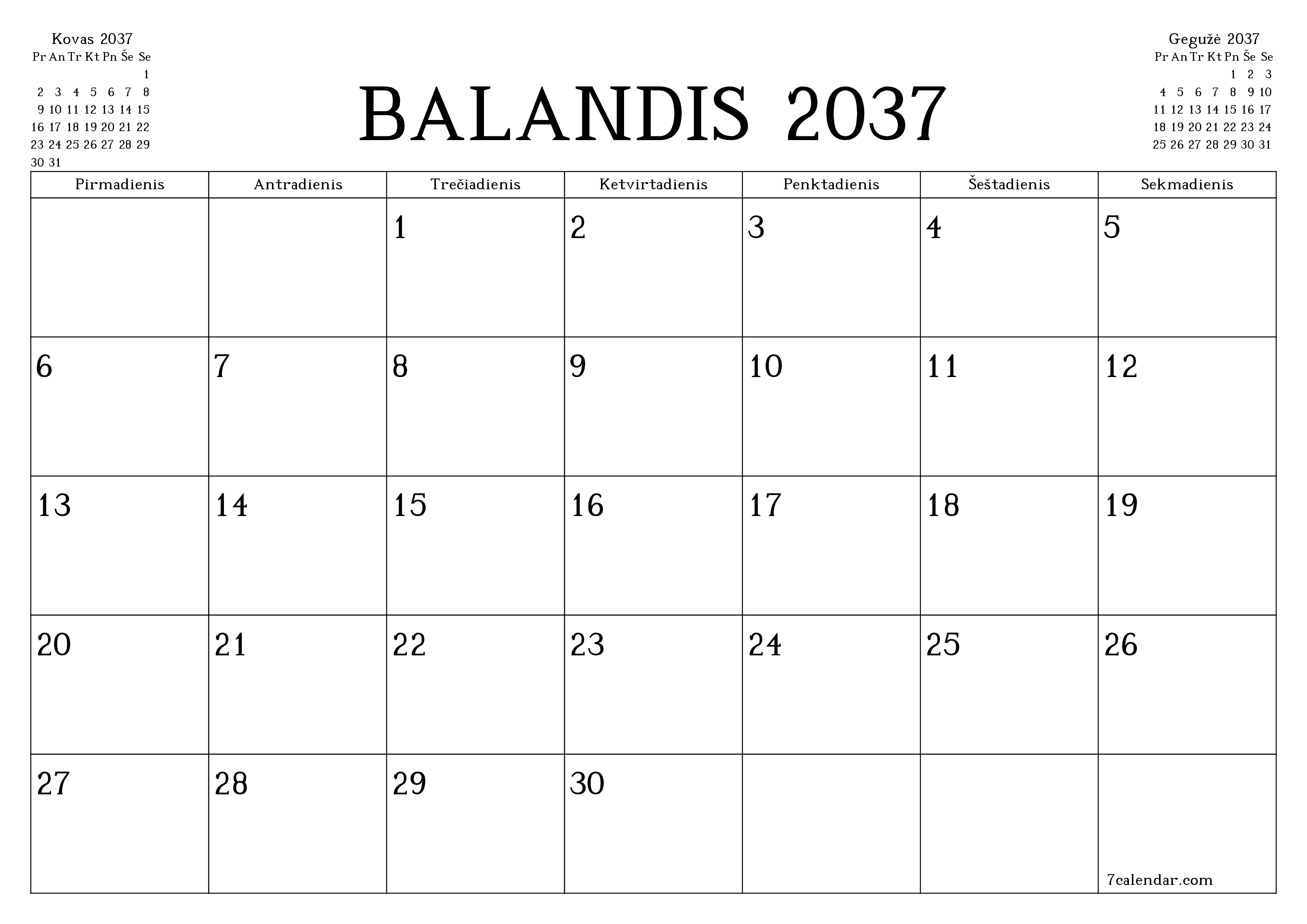 Ištuštinti mėnesio Balandis 2037 mėnesio planavimo priemonę su užrašais, išsaugoti ir atsispausdinti PDF formate PNG Lithuanian