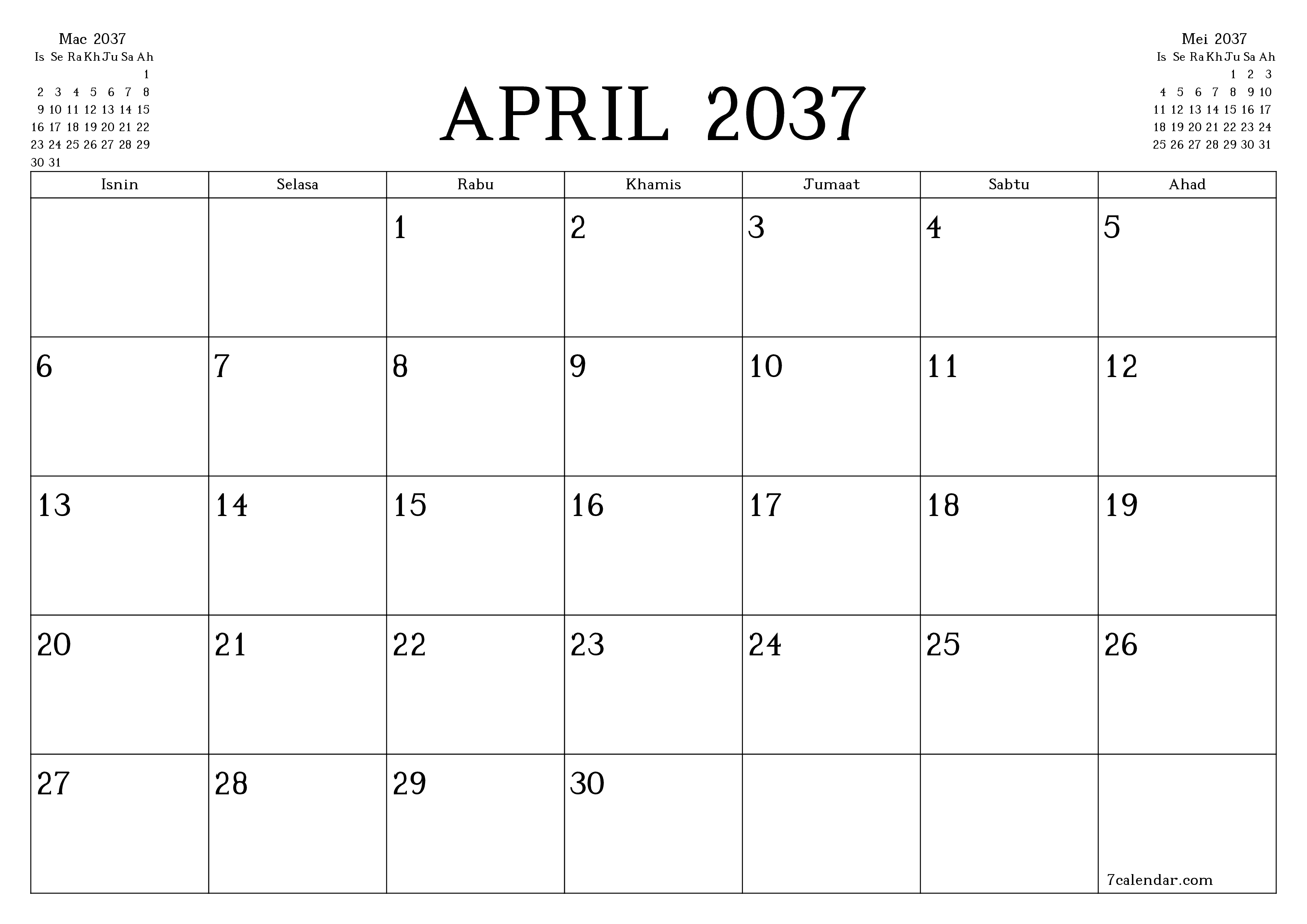  boleh cetak dinding templat percumamendatar Bulanan perancang kalendar April (Apr) 2037