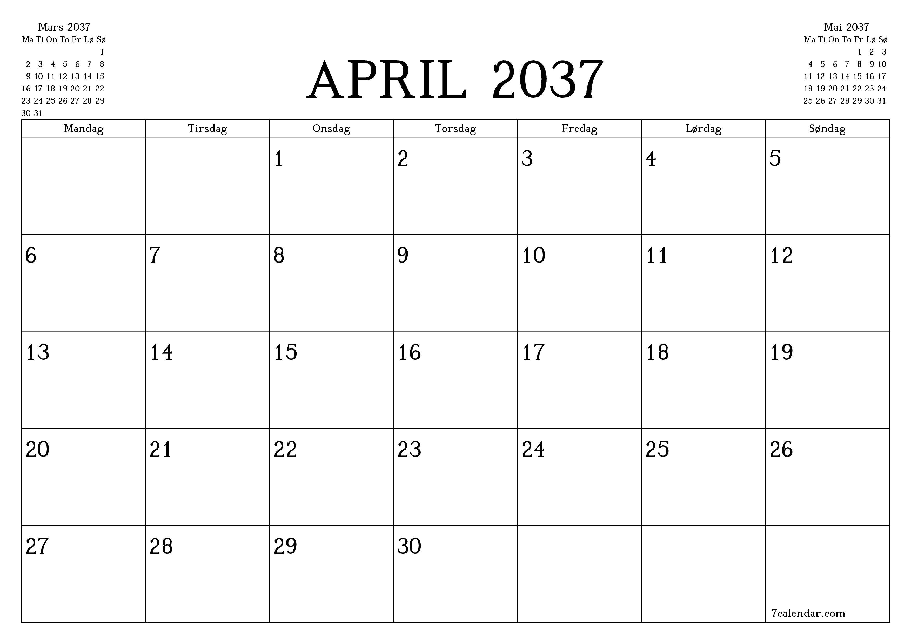 Tom månedlig planlegger for måned April 2037 med notater, lagre og skriv ut til PDF PNG Norwegian