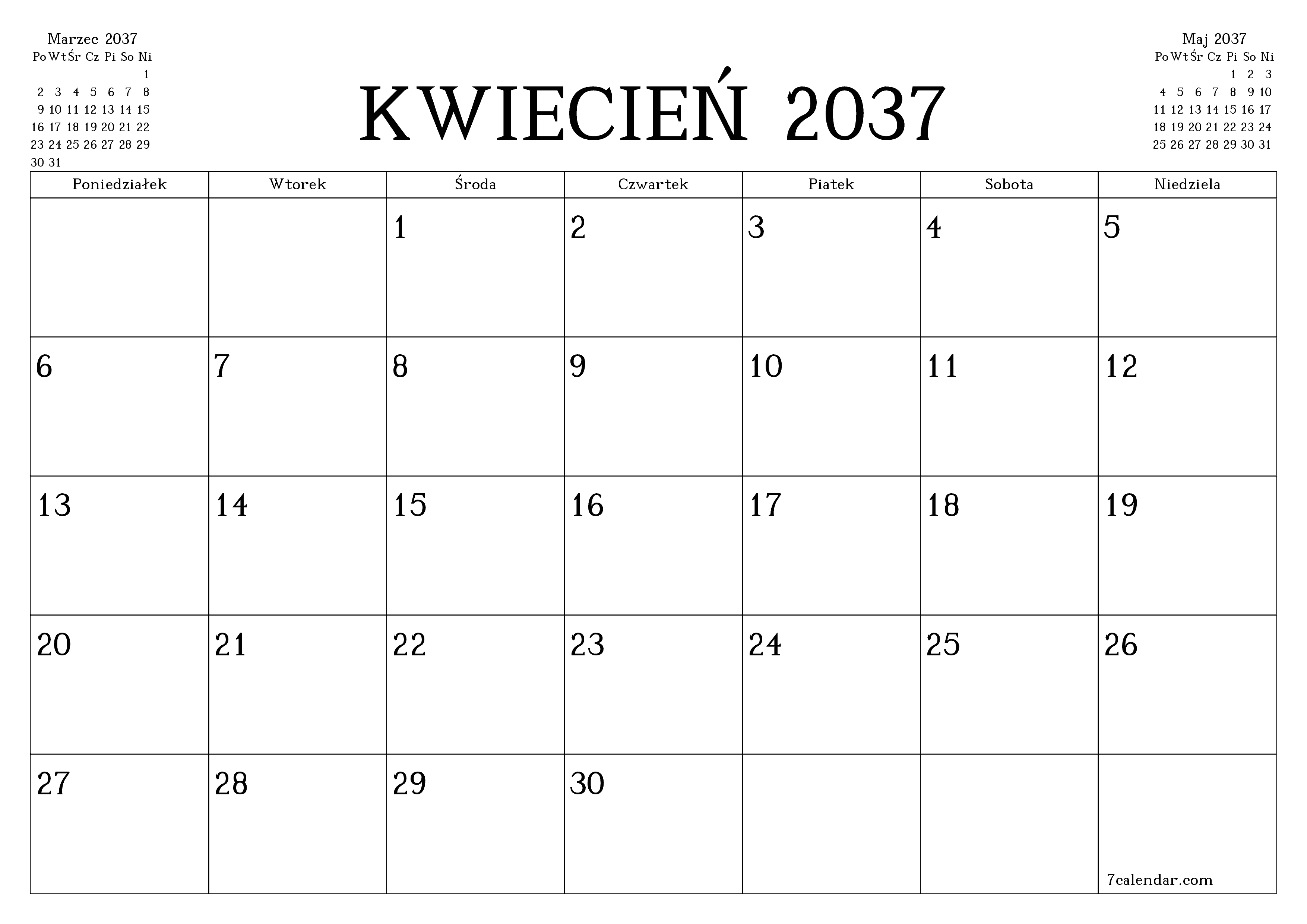 Opróżnij miesięczny planer na miesiąc Kwiecień 2037 z notatkami, zapisz i wydrukuj w formacie PDF PNG Polish