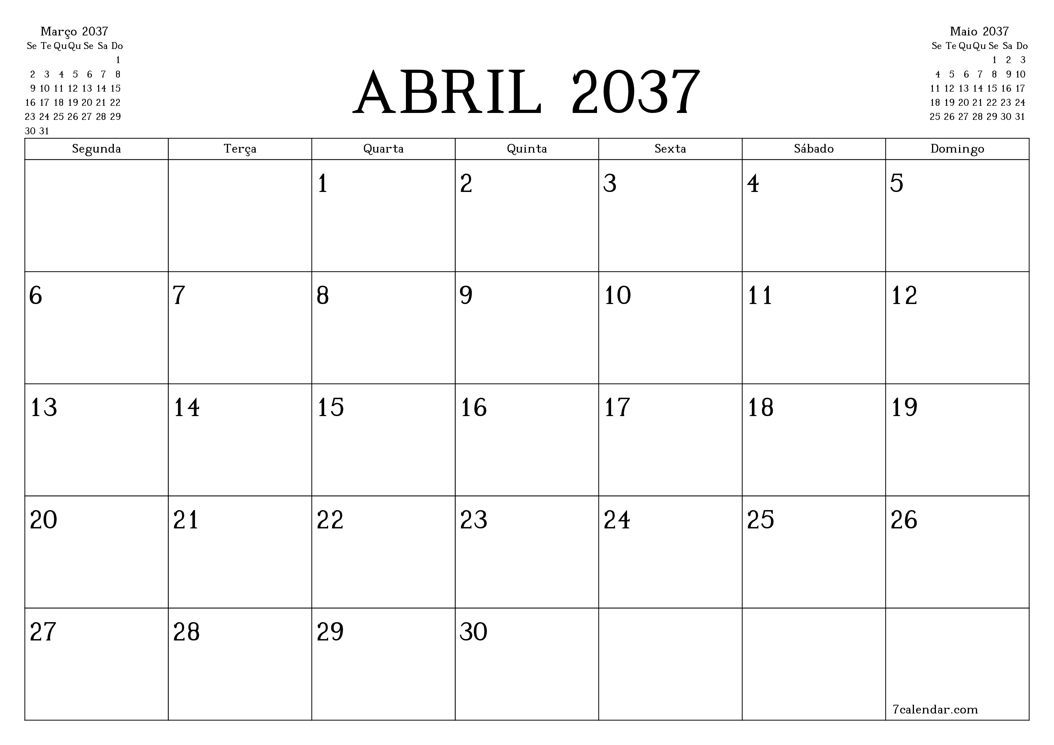 Esvazie o planejador mensal para o mês Abril 2037 com notas, salve e imprima em PDF PNG Portuguese
