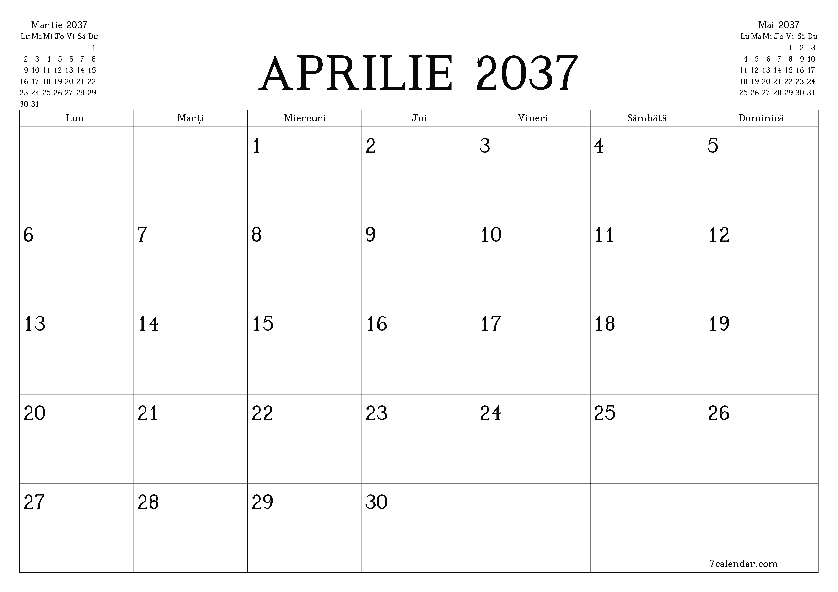 Planificator lunar gol pentru luna Aprilie 2037 cu note, salvați și tipăriți în PDF PNG Romanian