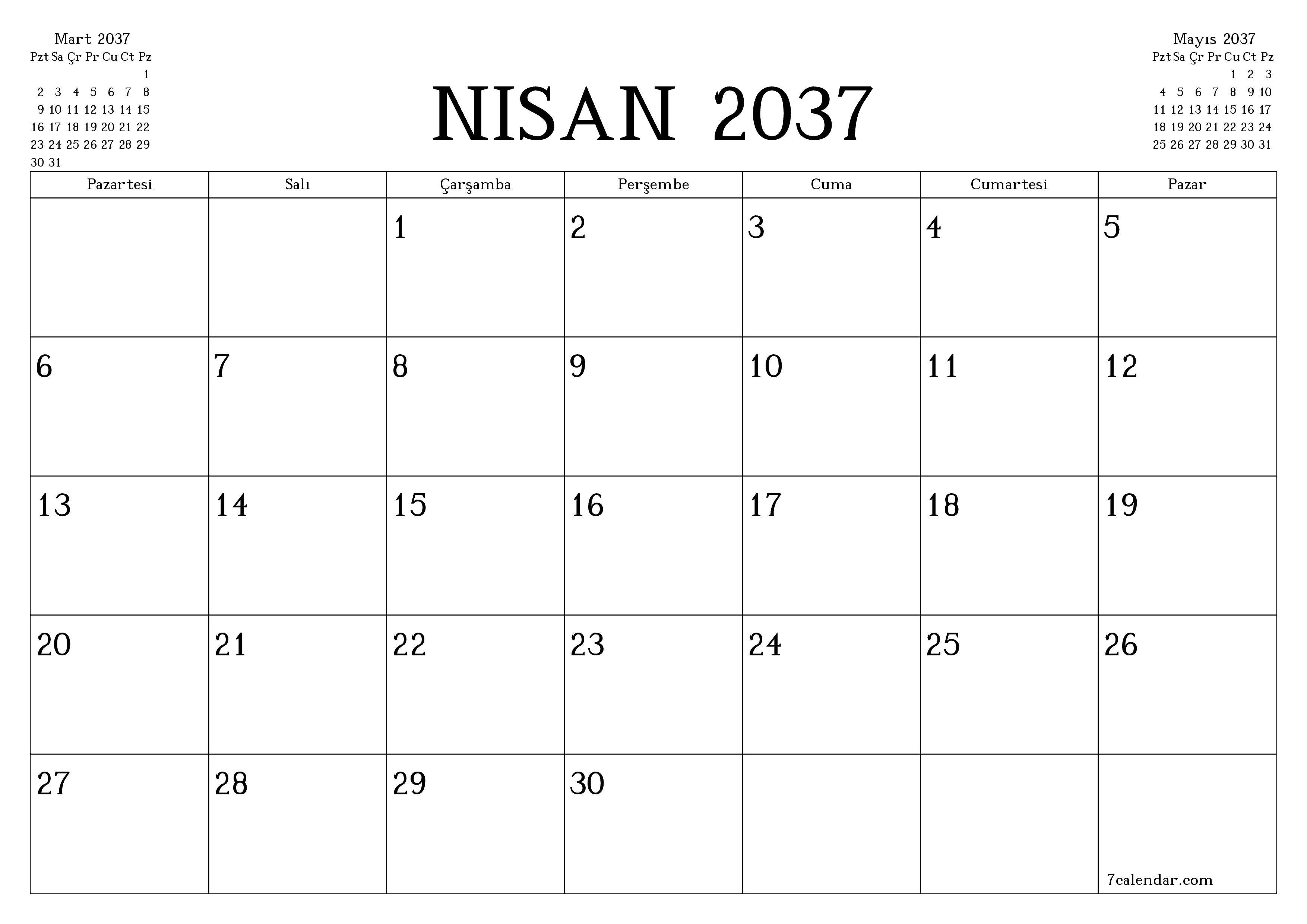 Nisan 2037 ayı için notlarla birlikte boş aylık planlayıcı, kaydedin ve PDF'ye yazdırın PNG Turkish