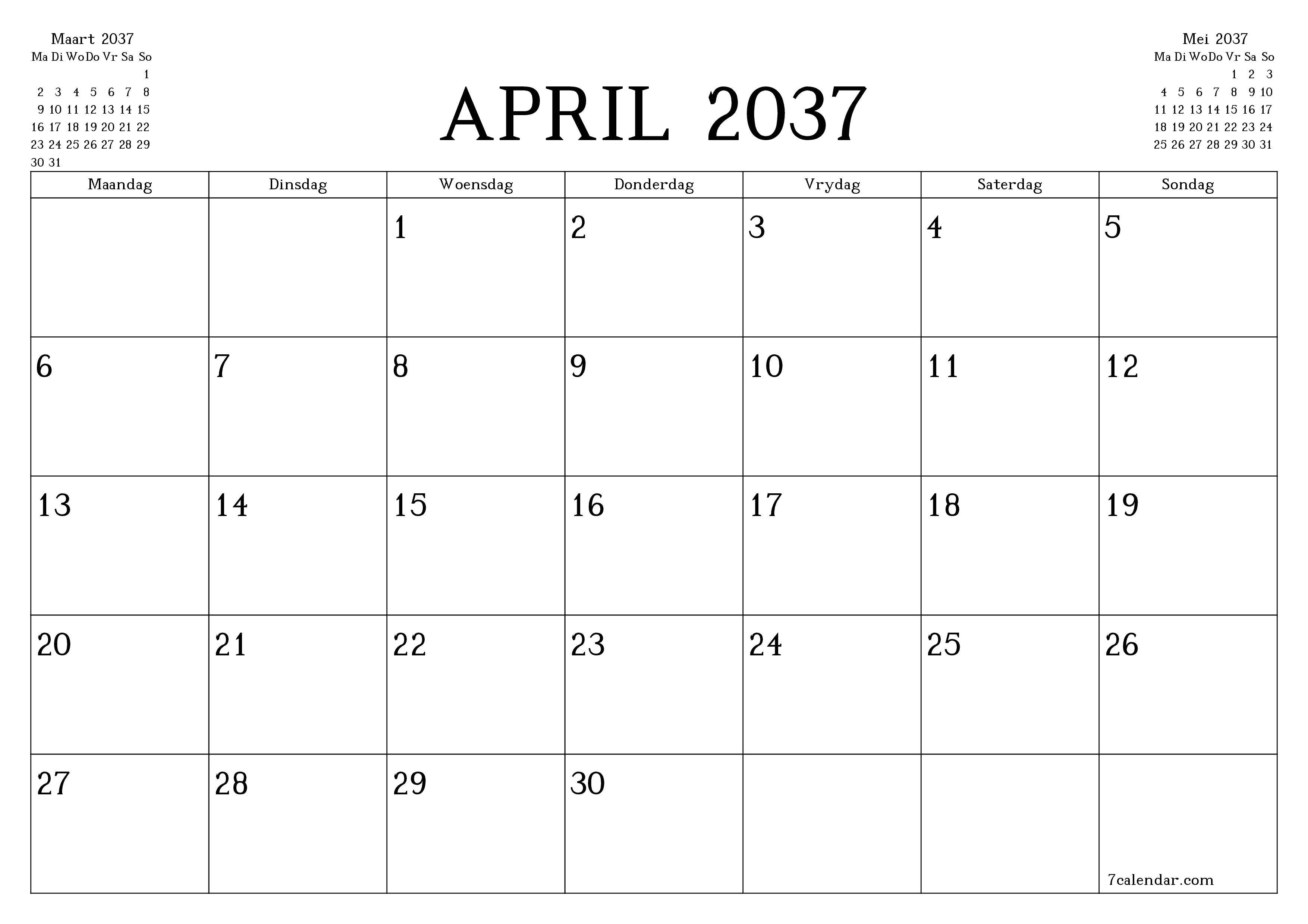 Leë maandelikse drukbare kalender en beplanner vir maand April 2037 met notas stoor en druk na PDF PNG Afrikaans