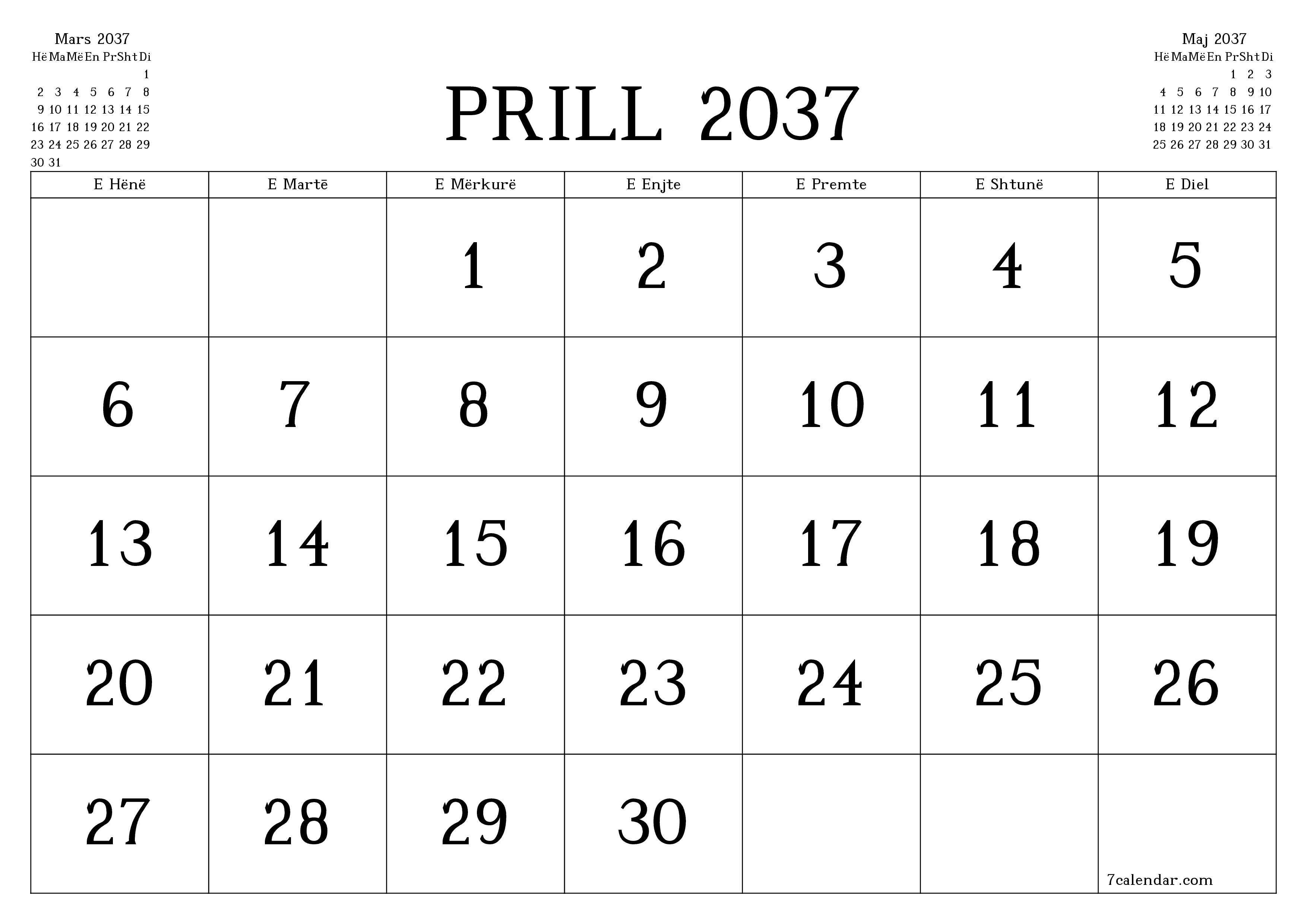 Planifikuesi i zbrazët i kalendarit mujor për muajin Prill 2037 me shënime të ruajtura dhe të printuara në PDF PNG Albanian