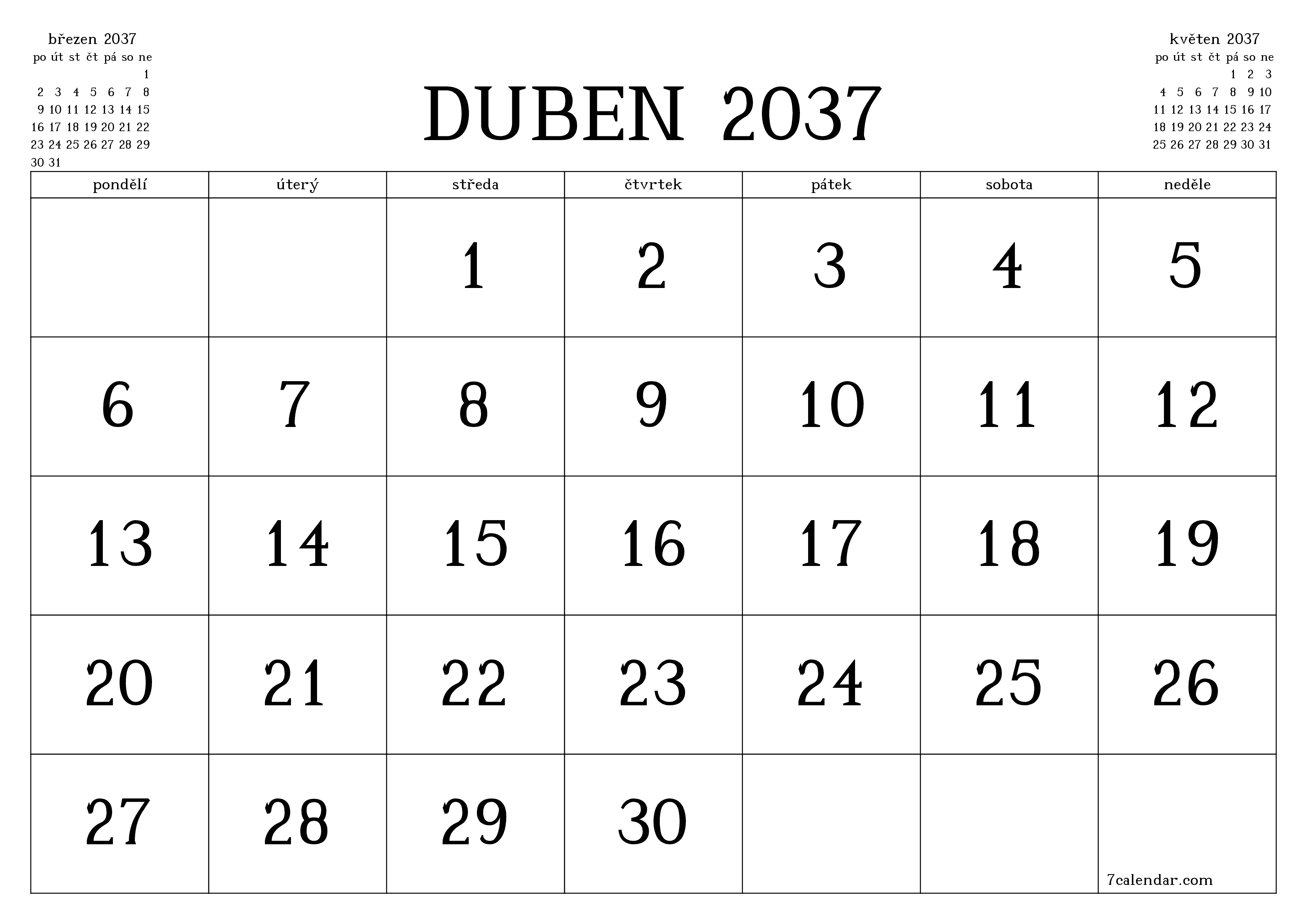 Vyprázdnit měsíční plánovač na měsíc duben 2037 s poznámkami, uložit a vytisknout do PDF PNG Czech