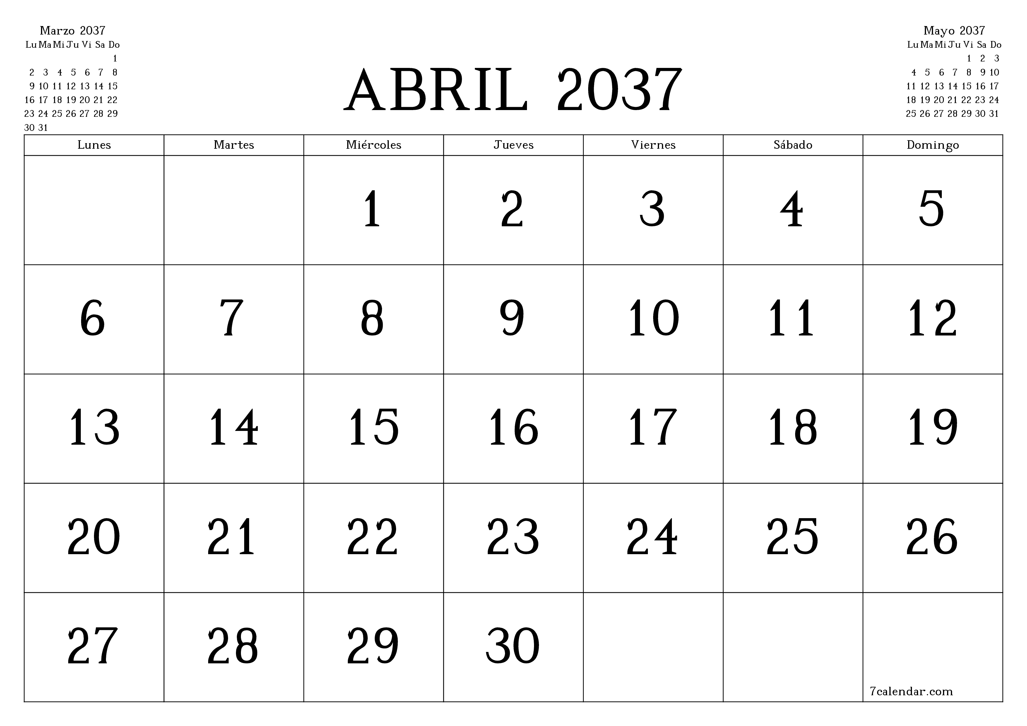 Planificador mensual vacío para el mes Abril 2037 con notas, guardar e imprimir en PDF PNG Spanish