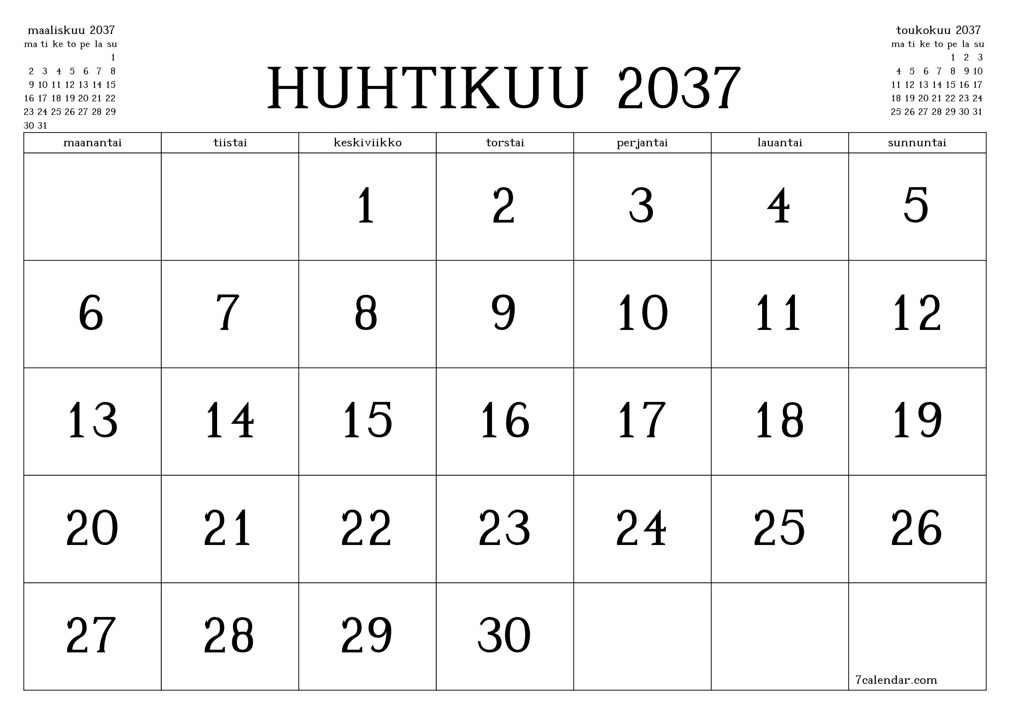 Tyhjennä kuukausittainen suunnittelija kuukaudelle Huhtikuu 2037 muistiinpanoilla, tallenna ja tulosta PDF-muotoon PNG Finnish
