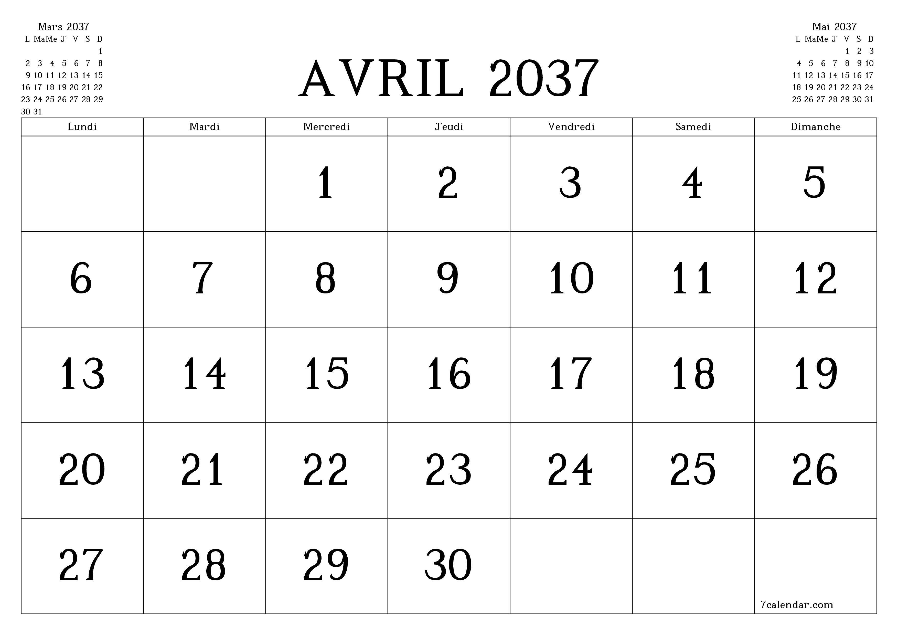 Agenda mensuel vide pour le mois Avril 2037 avec notes, enregistrez et imprimez au format PDF PNG French